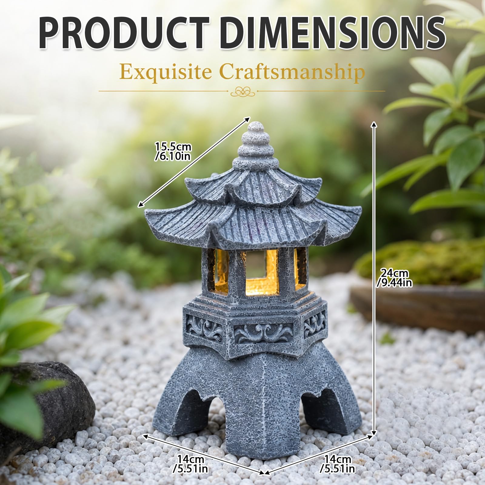 Decorazione da giardino giapponese, lanterna solare in pietra, pagoda, altezza 26 cm, statua zen da giardino per esterni, lampada in resina resistente alle intemperie, decorazione per laghetto, statue