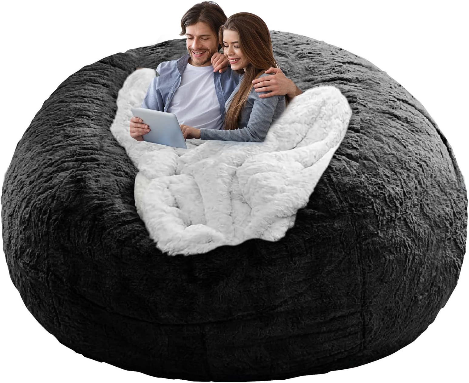 YudouTech (No Filler Bean Bag Chair Cover Without Filler,Big Round Soft Fluffy PV Velvet Washable Bean Bag Lazy Sofa Bed Cover for Adults,Living Room Bedroom Furniture Outside,5ft Black