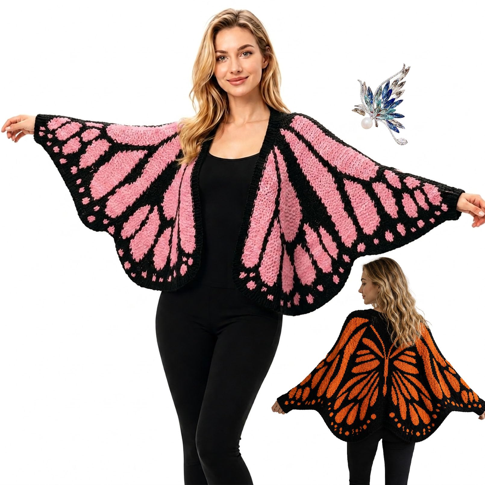 Tencipeda Women's Monarch Butterfly Knit Cardigan, Butterfly Wing Cloak Shawl, Irregular Cardigan Sweater (Black & Pink)