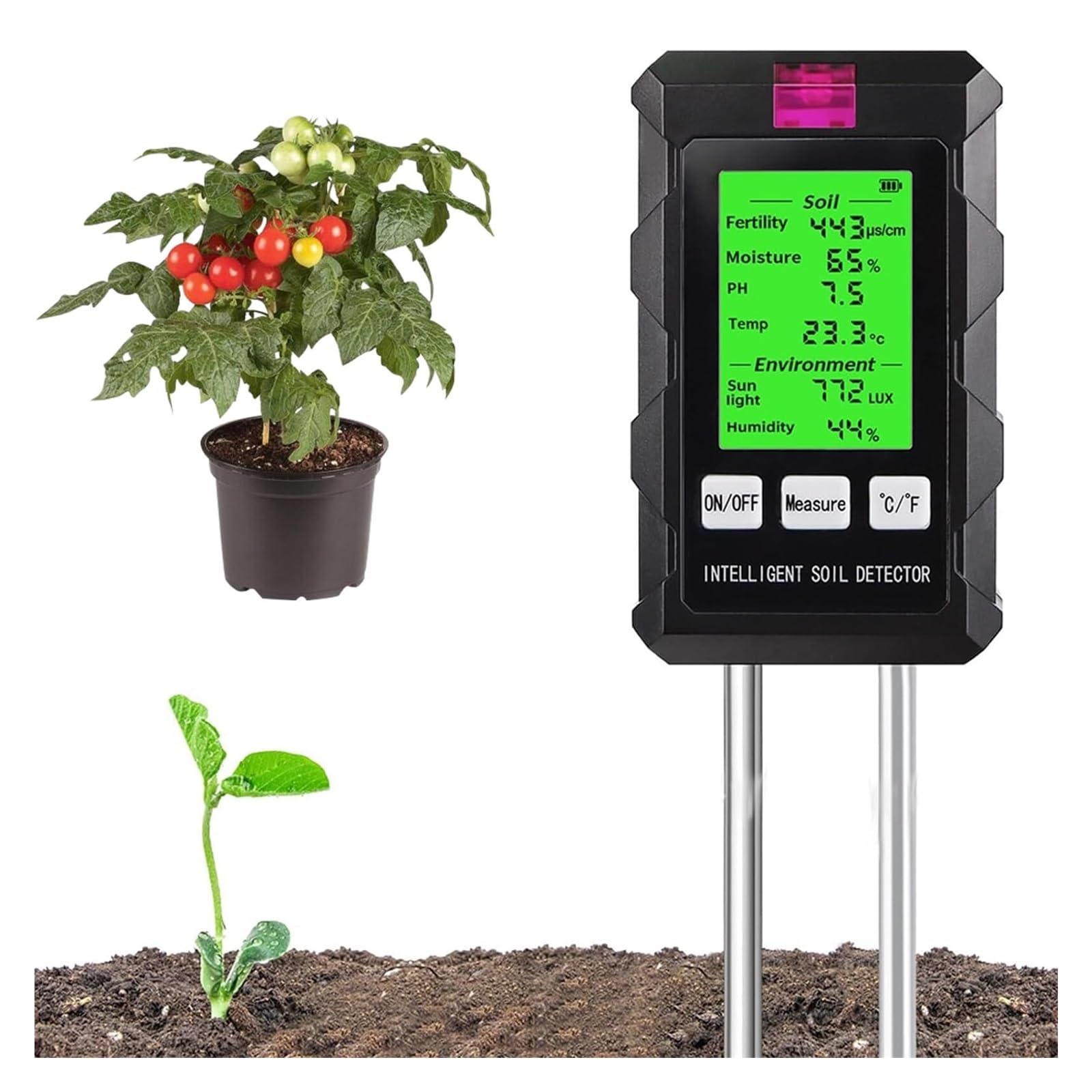 Medidor de humedad del suelo: mide el pH, la humedad, la fertilidad, la temperatura y la intensidad de la luz solar con pantalla LCD retroiluminada para jardinería y plantas al aire libre