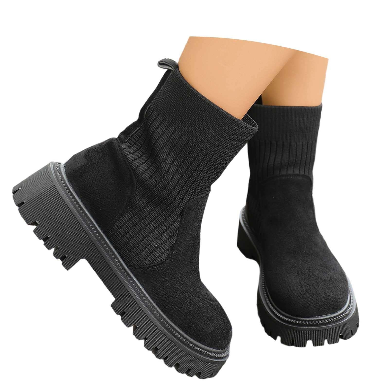 Bottines tendance pour femme - En daim - Couleur unie - Légèrement doublées avec talon bloc - Tige courte - En tricot