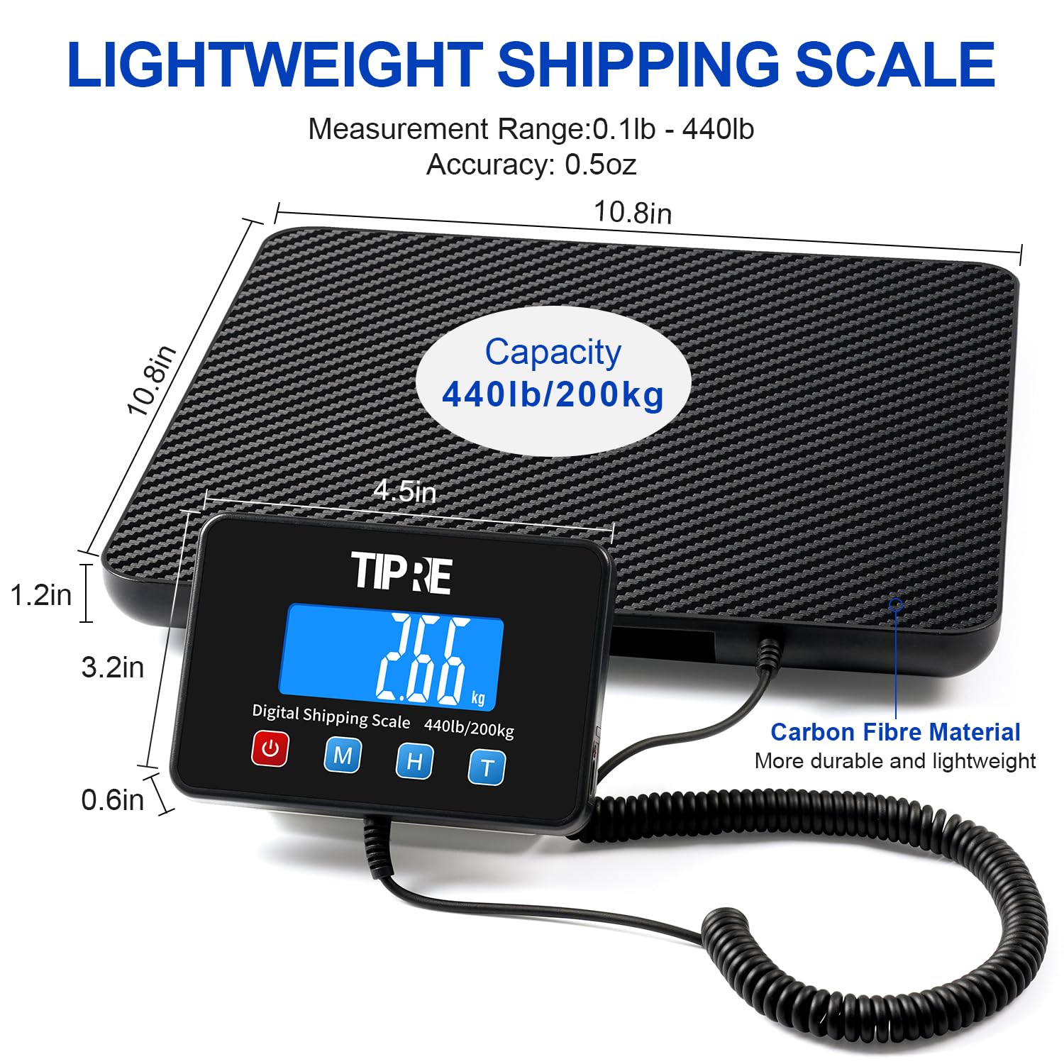 TIPRE Báscula de envíos digital, precisión 15g, hasta 200kg. Superficie de fibra de carbono ligera, ideal para paquetes, pymes, correo, almacén, hogar y equipaje. Incluye batería y cable de carga.