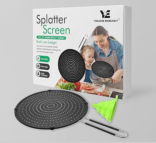 Miniatura 2 de Young Energy Pantalla de silicona para cocinar, sartén con embudo de aceite plegable, protector contra salpicaduras de grasa, antiadherente,