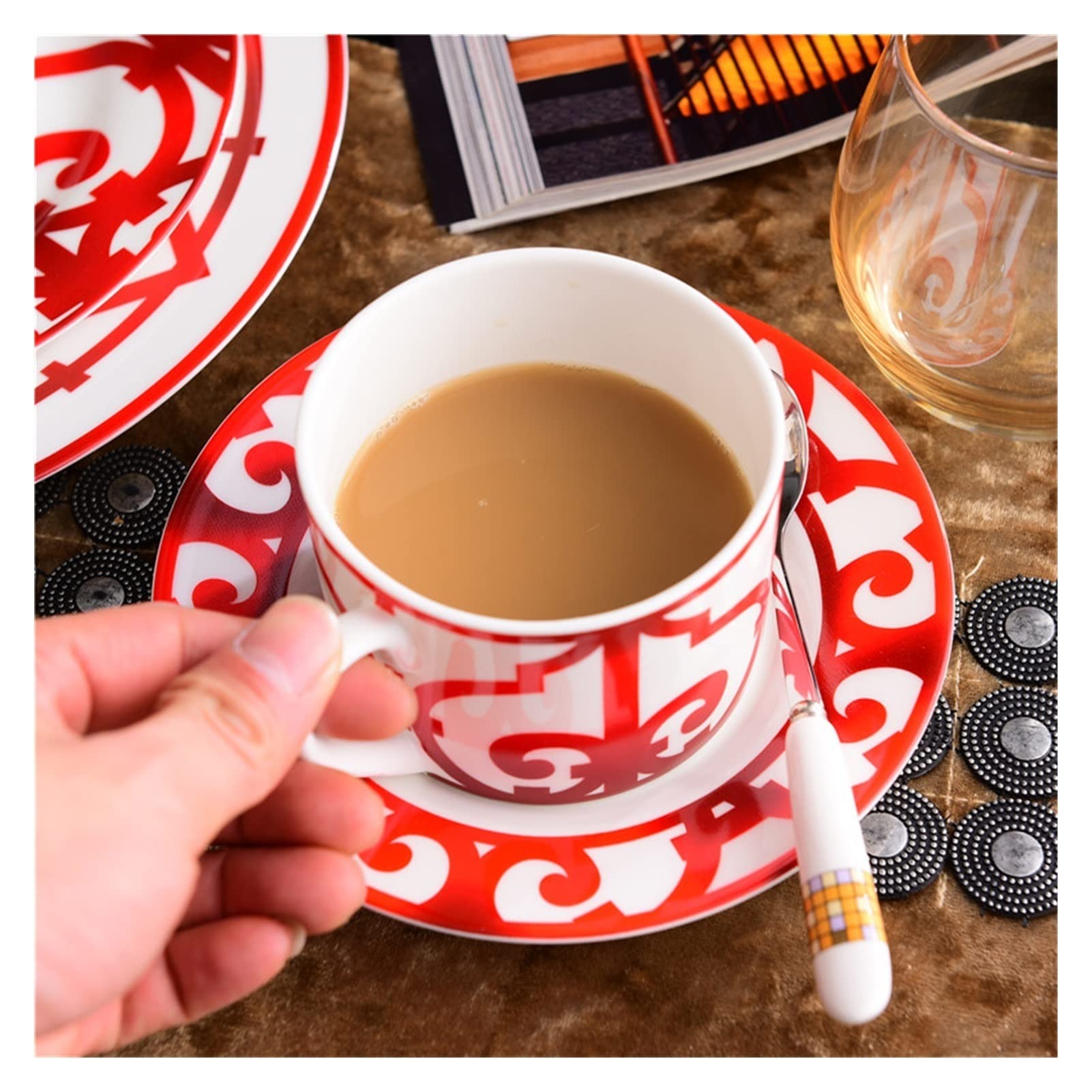 Tazza di caffè Rosso Tazza di tè Ceramica Set Piatto Piatto tavola da tavola Set da Sposa e Regali casalinga Set Tazzine caffè e Piattino (Color : 9)