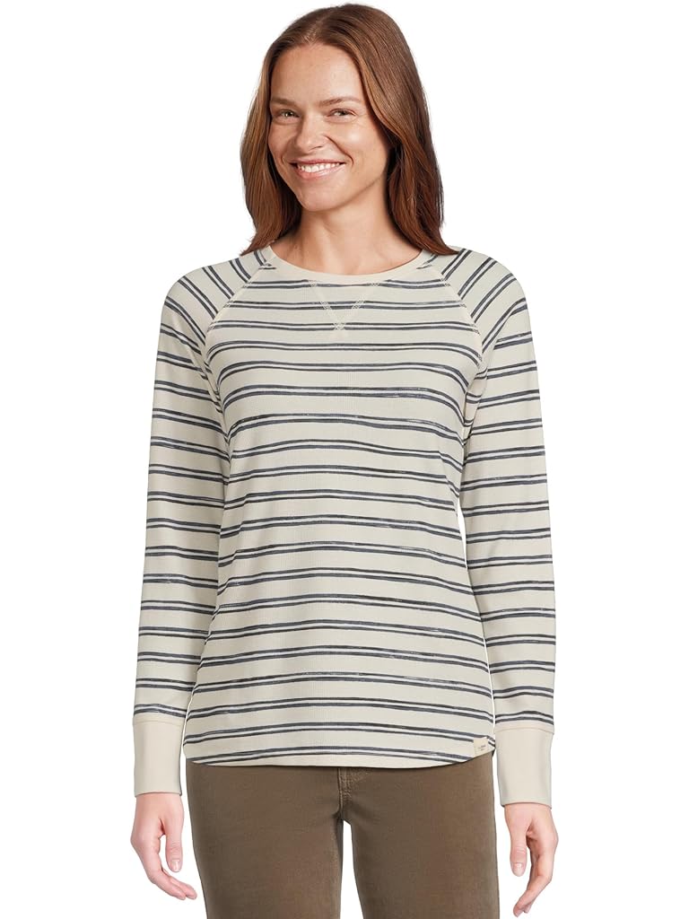 White L.L.Bean Unshrinkable Mini-Waffle Tee Long Sleeve Crew Neck Stripe