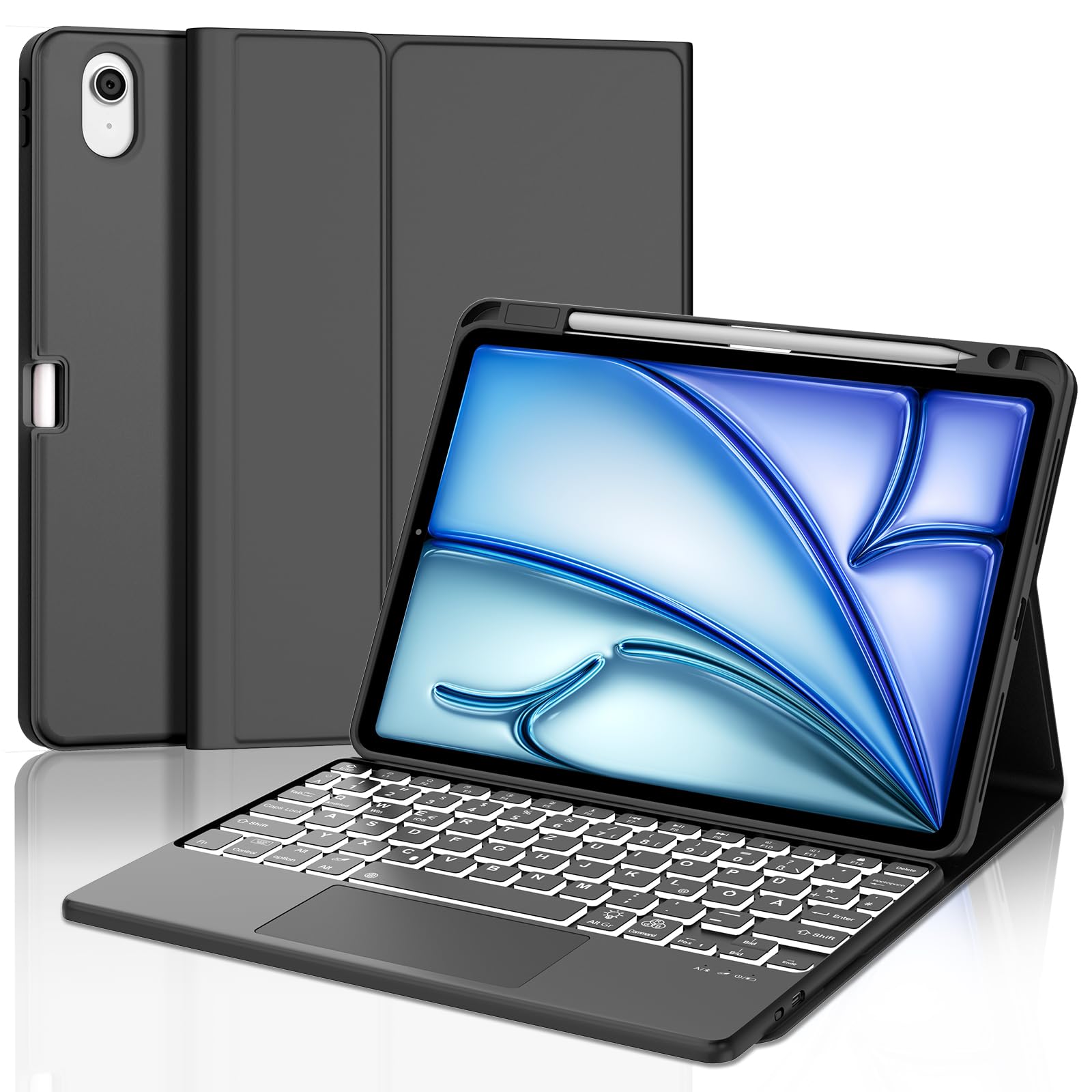 Custodia con tastiera per iPad Air 11" M4/M3/M2 (2024-2026), touchpad/illuminazione | Custodia con portapenne, tastiera QWERTZ Bluetooth magnetica per iPad Air 8/7/6. generazione 11 pollici M4/M3/M2