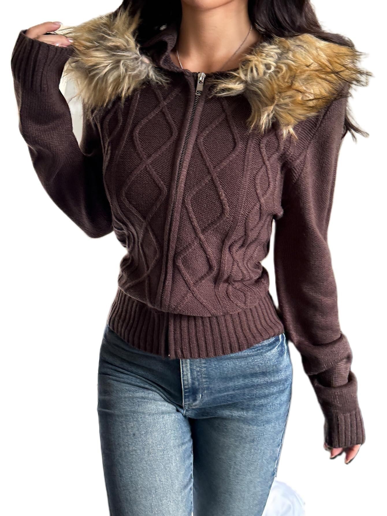 Maglione da donna Y2k con zip e collo di pelliccia, grosso, taglio grosso, cardigan lavorato a maglia, per adolescenti, emo, grunge, anni 2000, abbigliamento vintage streetwear