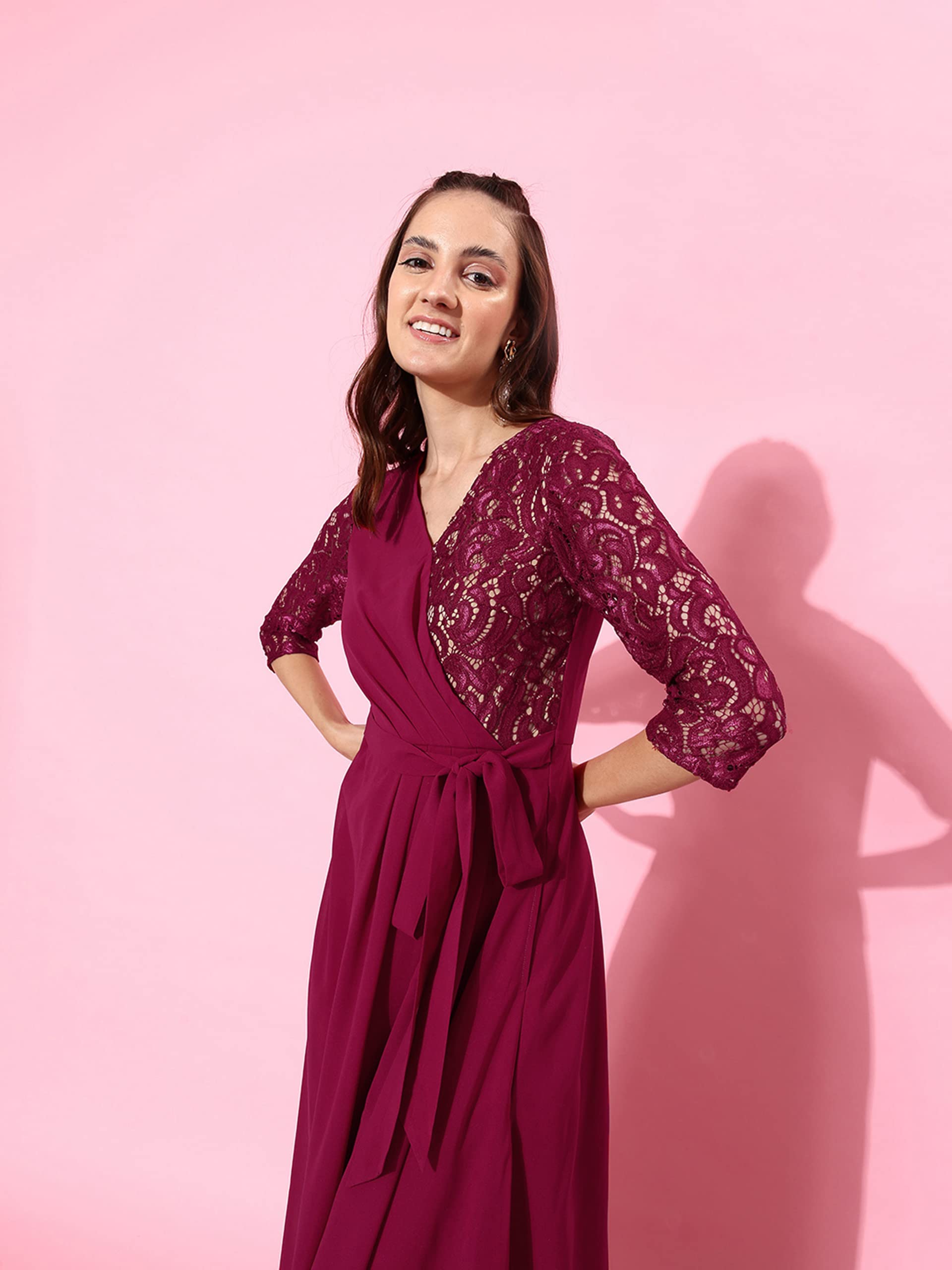 Miss Chase Women's Dark Pink V-Neck Three-Quarter Sleeve Self-Designed Wrap Maxi Georgette Dress (Mcaw22D06-53-23-04, Dark Pink, M)