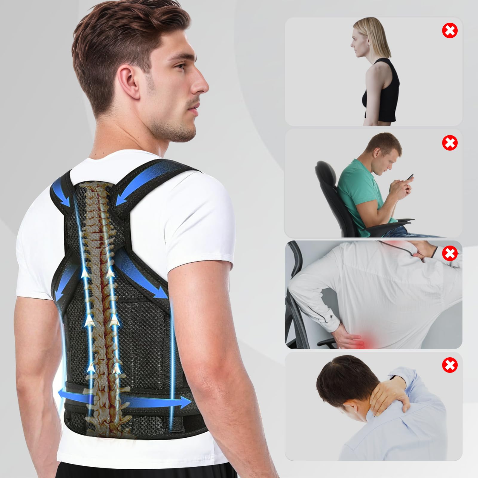 Corrector Postura Espalda, Enderezador de Espalda con 4 Barras de Apoyo, Corrector de Postura para Hombre y Mujer Premium Ajustable para Aliviar el Dolor de Cuello, Hombros y Espalda(Negro,M)
