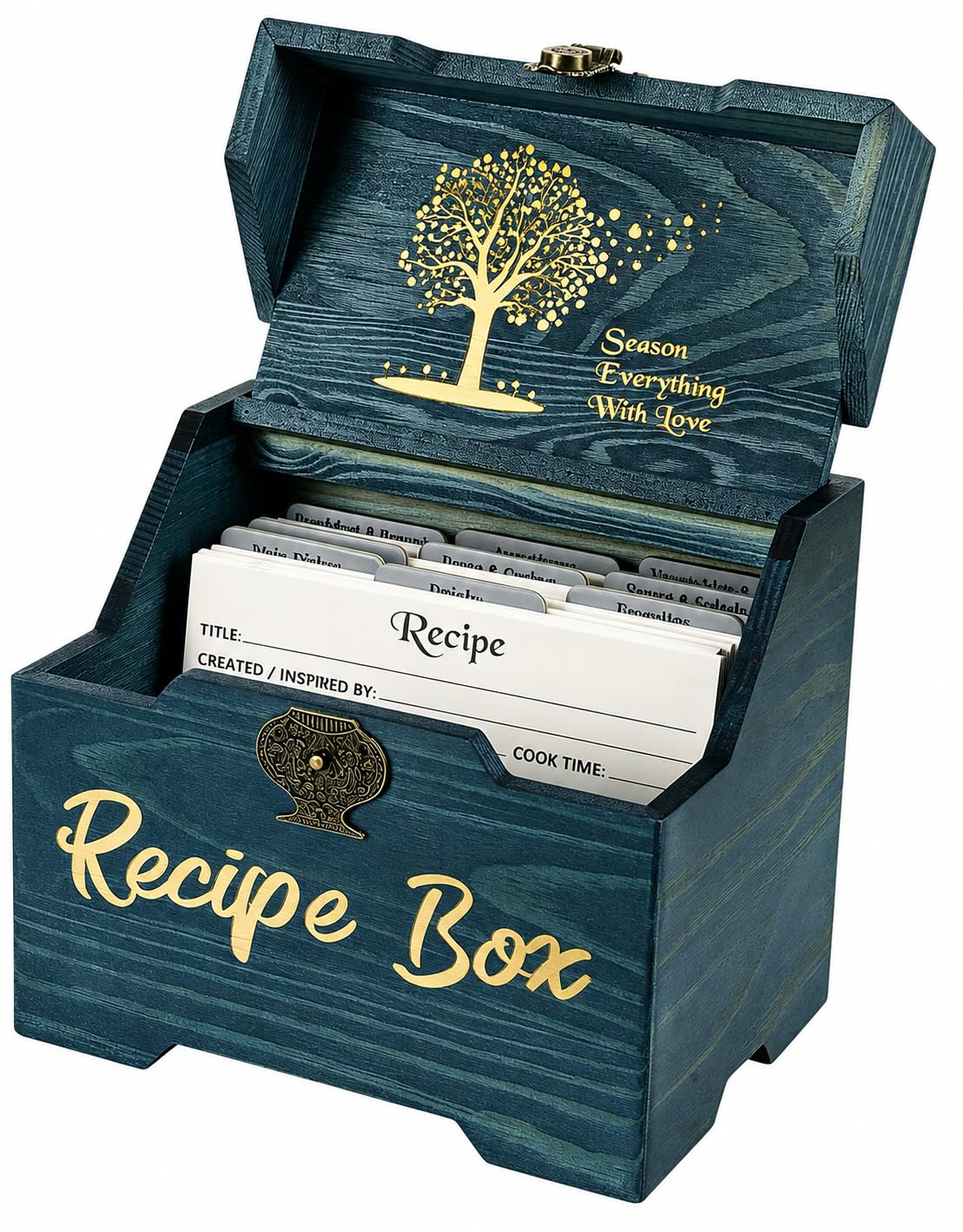 CypherX Recipe Box with Cards and Dividers - Wooden Recipe Card and Box Set
