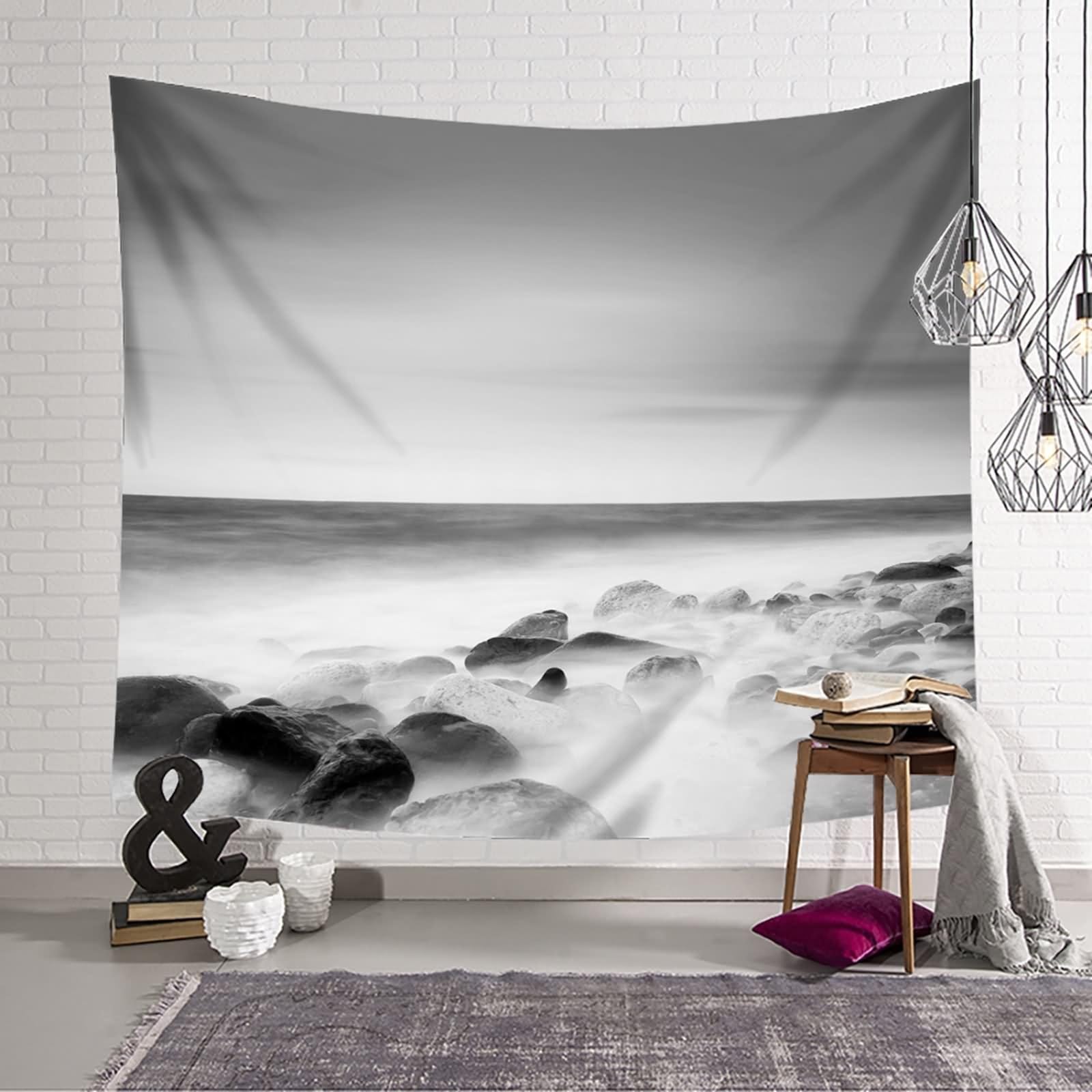 Bishilin Boho wiszący na ścianie szary, skała i ocean fajna sztuka gobelin 350 x 256 cm do dekoracji domu wewnątrz i na zewnątrz