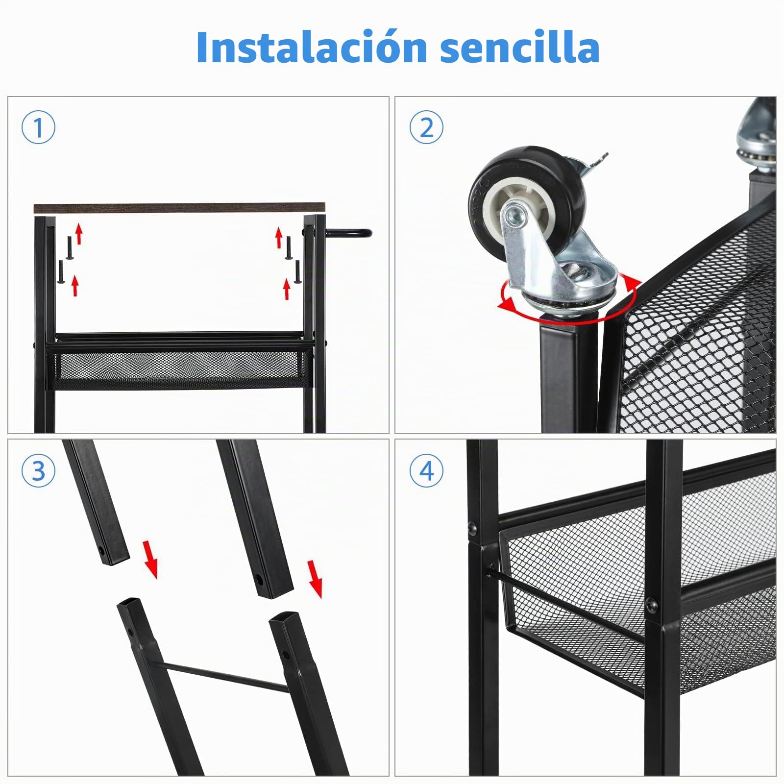 LIANTRAL Carrito de Rodillos 4 Plantas, Carrito de Cocina Estrecho, estantería de nicho en Ruedas con Mesa de Madera Adecuado para Cocina, baño, Oficina para Ahorrar Espacio, Retro marrón y Negro