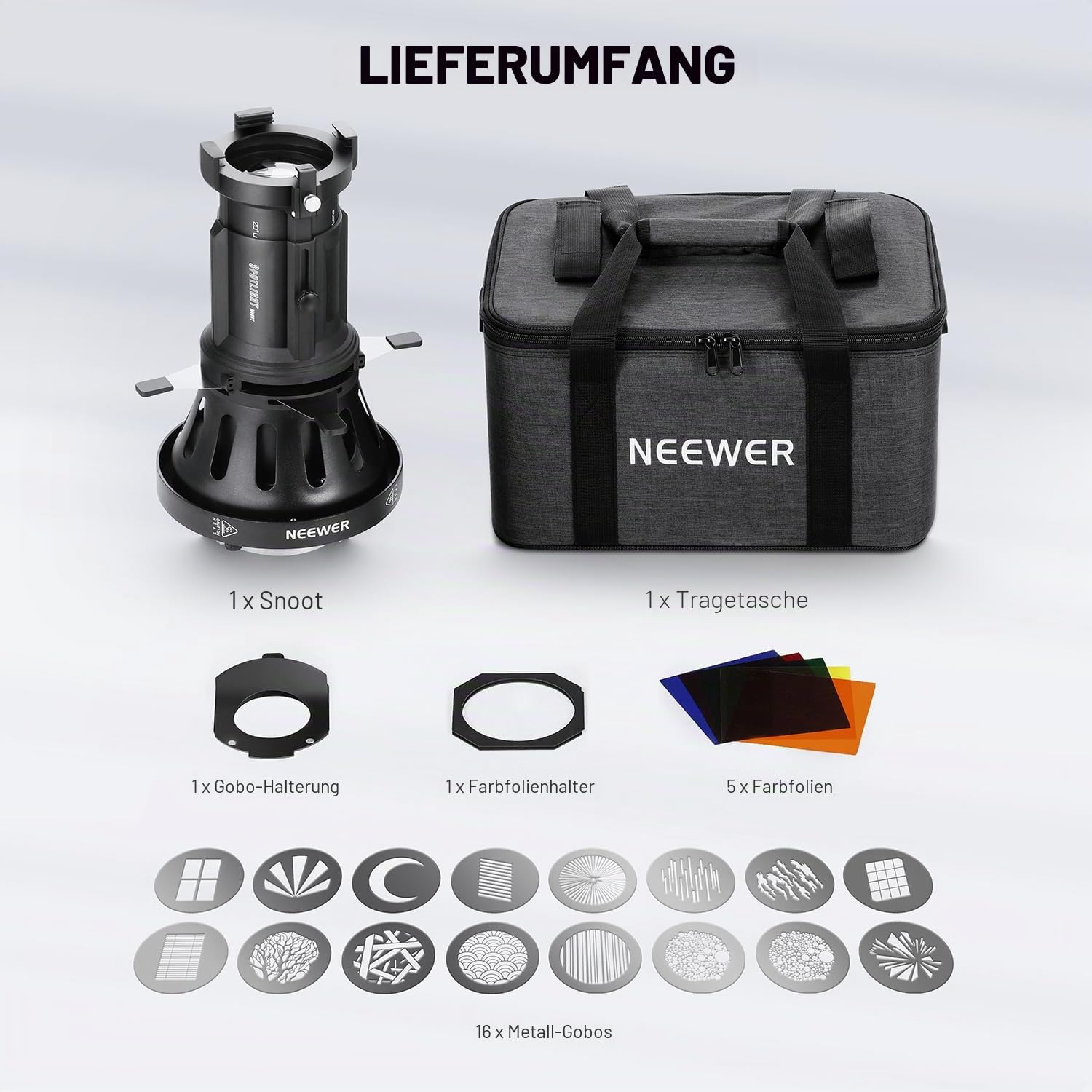 NEEWER Spotlight Snoot mit 20° Projektionsobjektiv, einstellbarem Fokus, 16 Metallgobos, 5 Farbgels, Tasche, konischer Snoot für Bowens Mount LED Dauerlicht Studio Videoleuchte bis 300W, LS-39