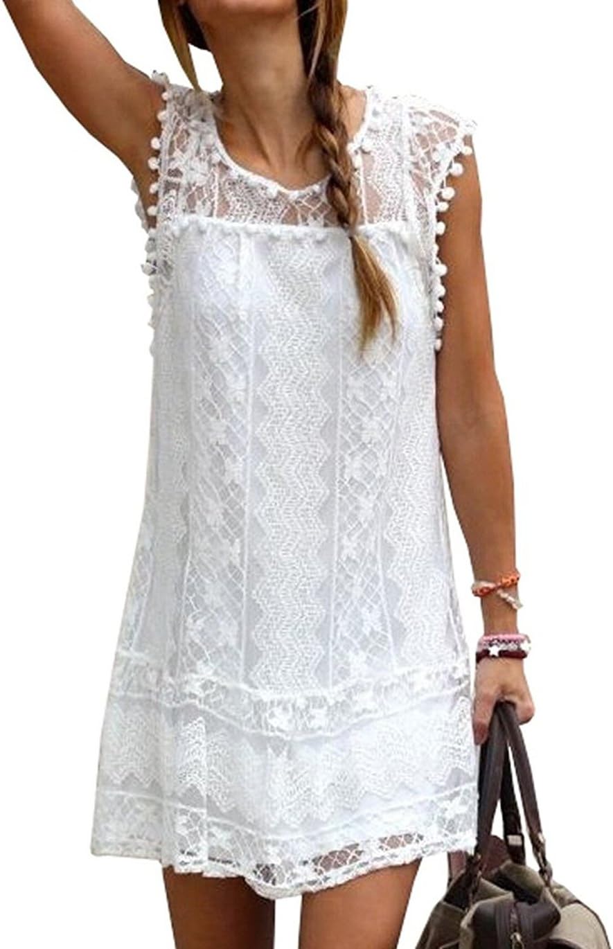 YIHUAN Women's O Neck Sleveeless Hollow Out Lace Casual Lined Short Dress