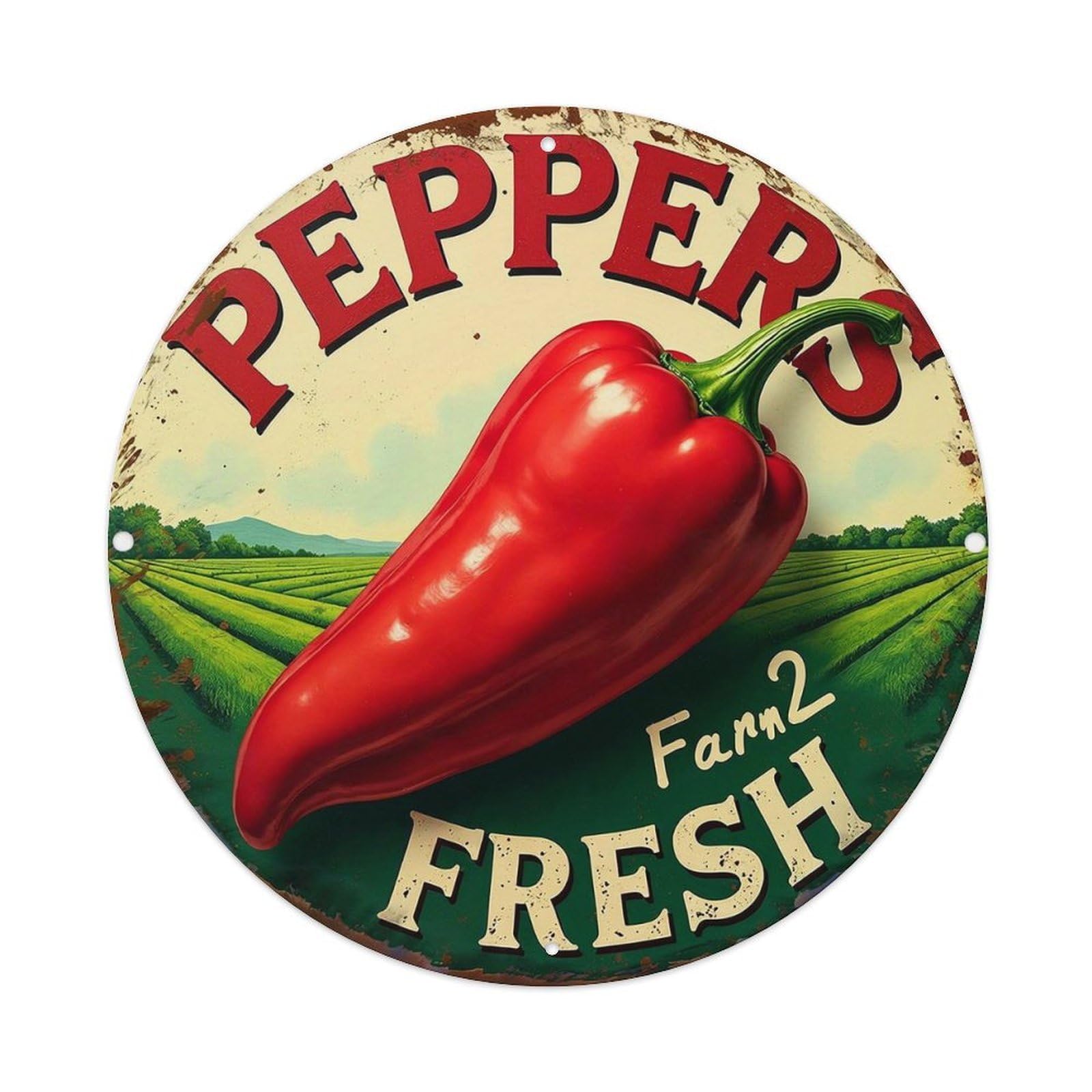 Peppers Farm Fresh Field Red Round Metal Tin Sign Vintage Wall Decor, Bar Garage Cafe Kitchen Home Wall Art Poster 8x8inches