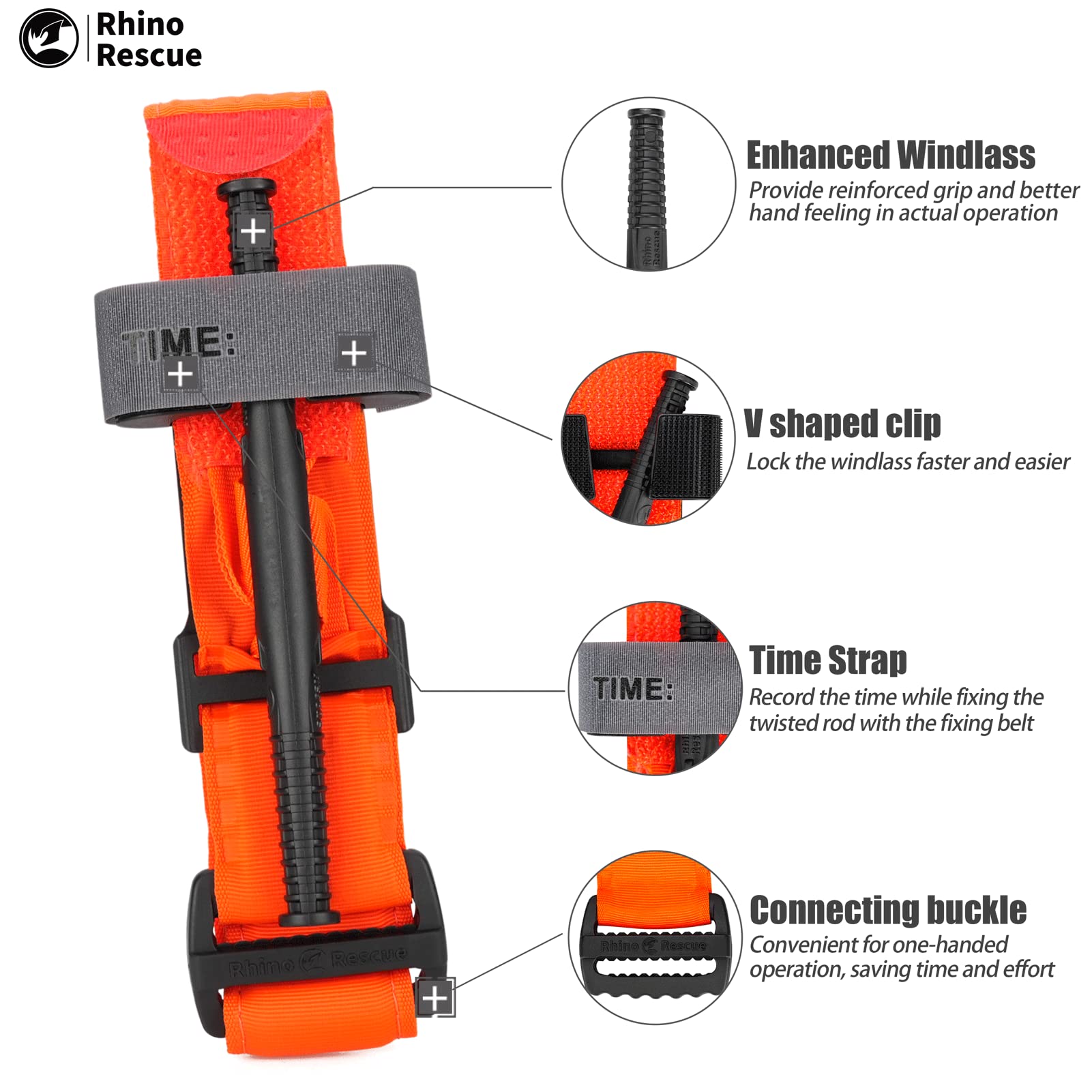 RHINO RESCUE Tourniquet Médical à Une Main, Kit de Premiers Secours D'urgence, pour Le Contrôle de La Perte de Sang, EMT Mil-Spec Tactical Avec Treuil en Plastique Orange(4 PCS)
