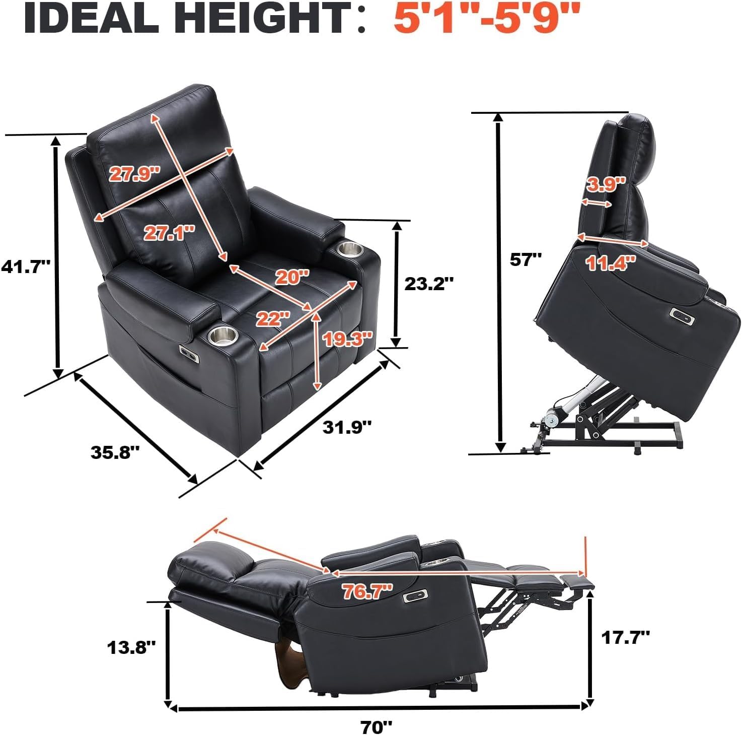Triple Motor Power Lift Chair for Elderly Lay Flat Adjustable Lumbar Support Heated Massage Faux Leather Electric Recliner with USB Cup Holders