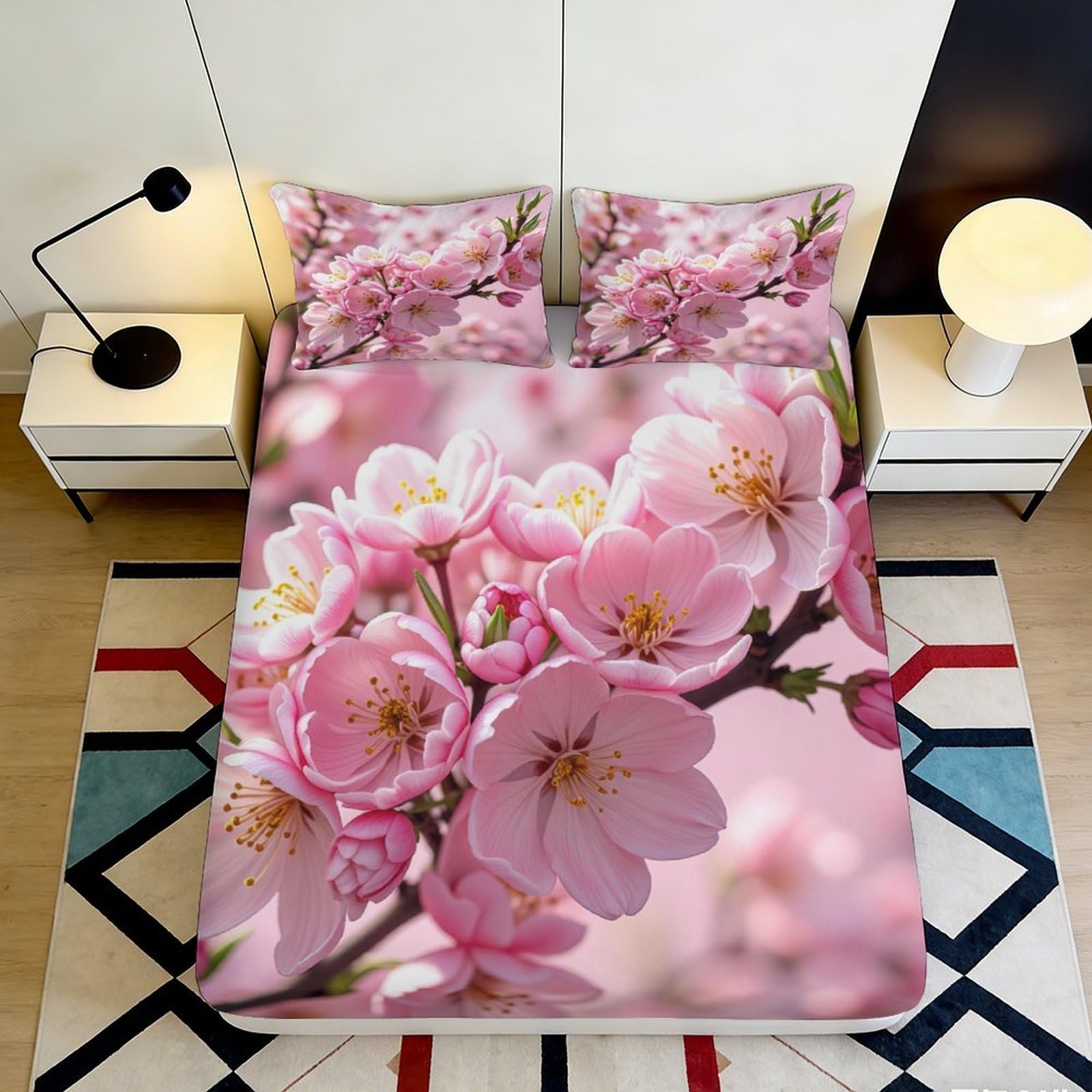 3D Printed Sakura Blossom Fitted Sheet Microfiber Soft Pink Floral Mattress Cover for Bedroom Guest Room Decor 90x200x25cm
