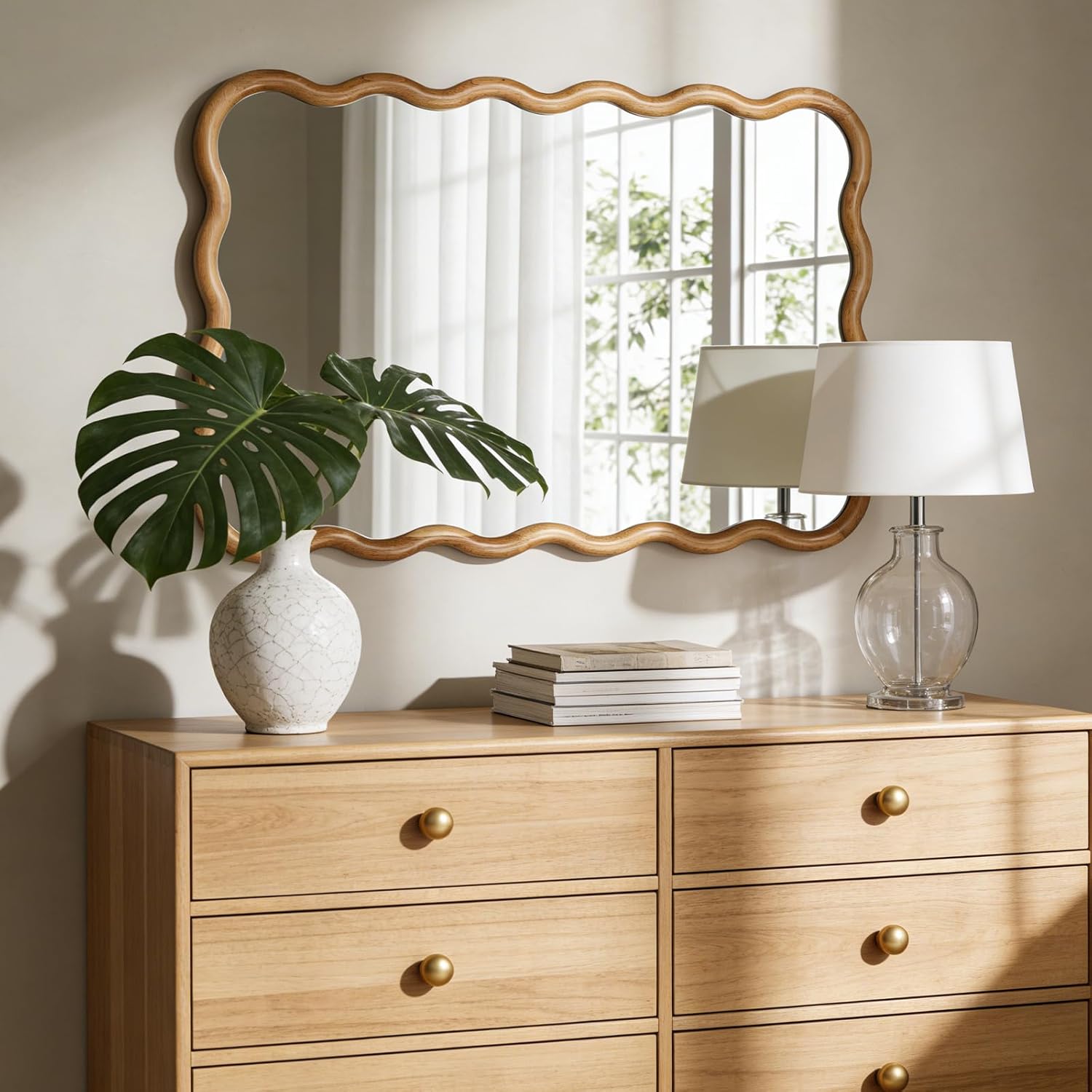 WallBeyond 24"x36" Wavy Wood Mirror, Natural Wood Boho Accent Wall Mirror with Wooden Frame, Decorative Wall Mounted Mirror for Horizontal or Vertical Hanging in Bathroom, Bedroom, Living Room