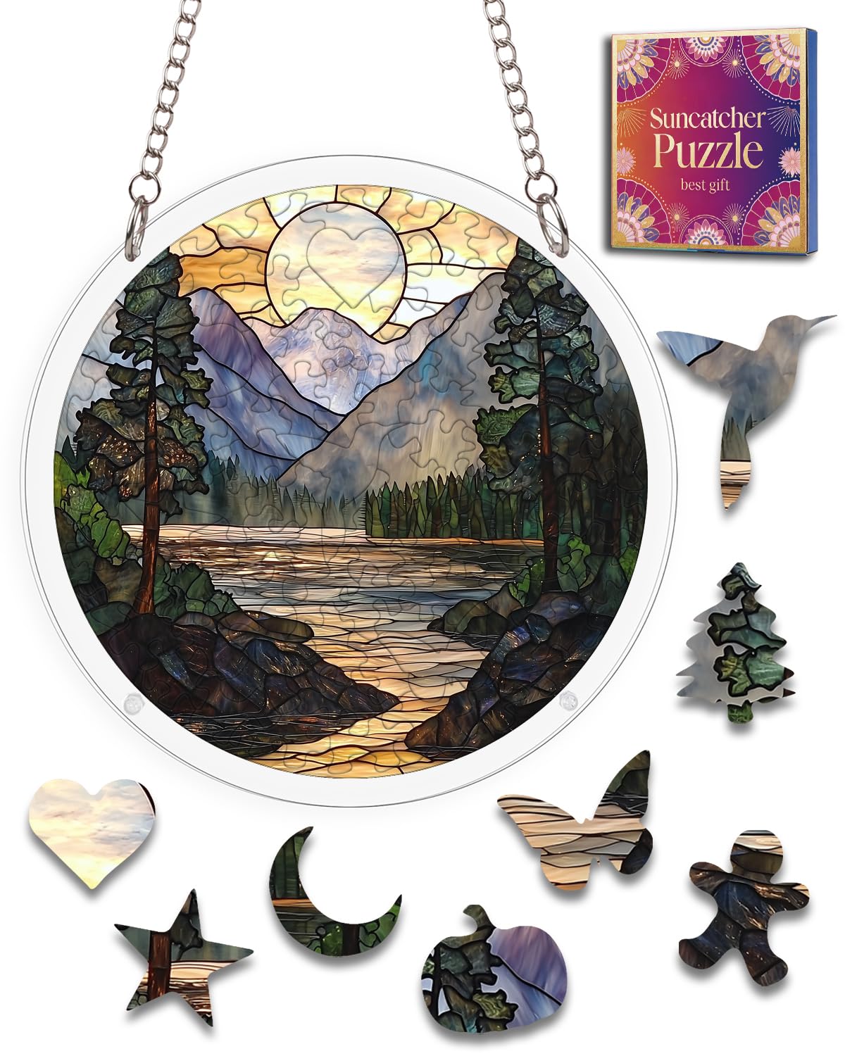 Acrylic Jigsaw Puzzle Suncatcher Sunset Mountains River Puzzles Gifts 12"