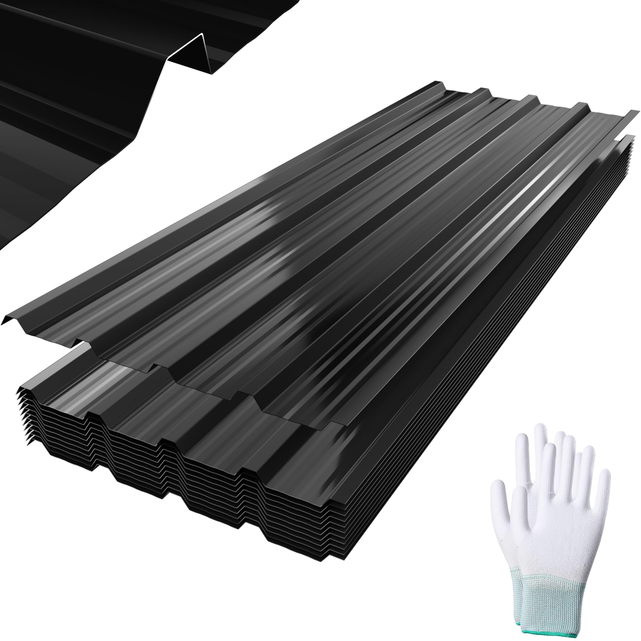 FIVMEN 12x Chapa trapezoidal 1295x450mm galvanizado Lámina para techo Placas de chapa ondulada para techo con guantes y tornillos Placas de techo Chapa ondulada Chapa ondulada 7m², Negro