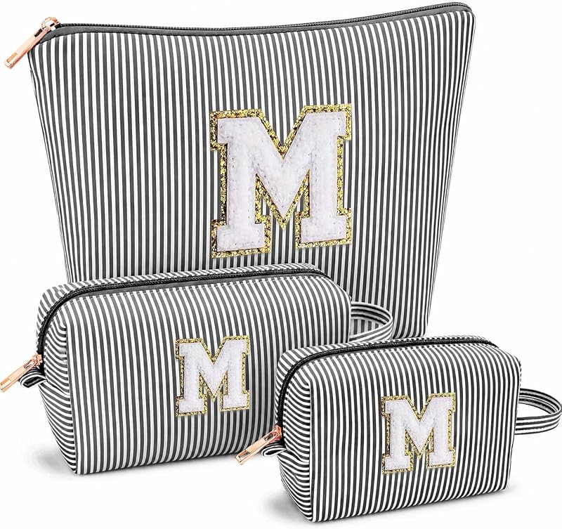 Necessaires de maquiagem ARIVOY com inicial, 3 unidades, pretas, tamanho M