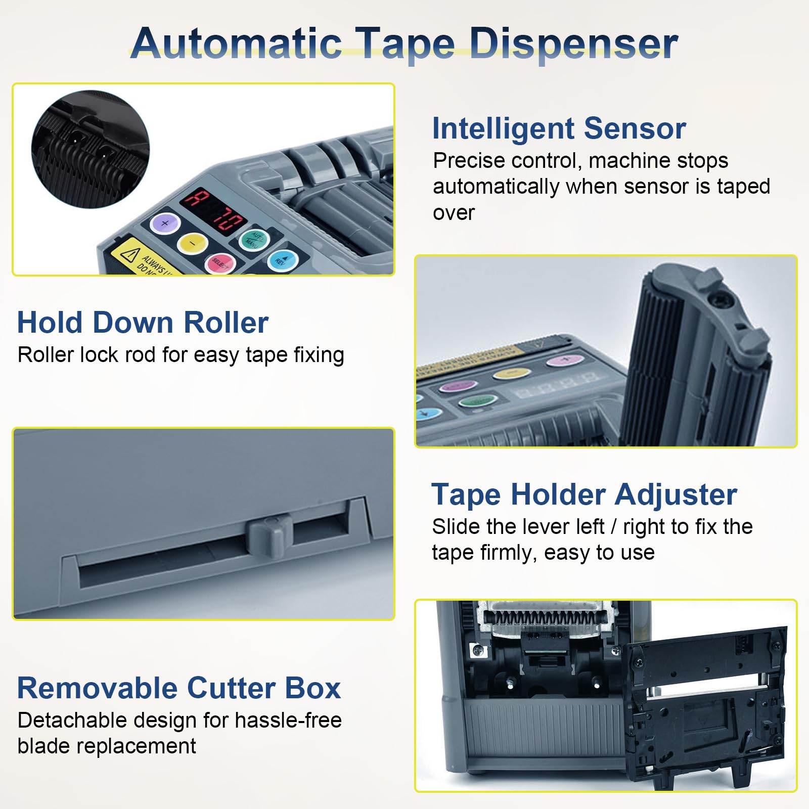 Automatischer Klebebandspender, Elektrischer Klebebandschneider mit LCD-Display, Bandbreite 6–60 mm & Länge bis 999mm, Klebeschneider mit Handbuch und Auto, Bandschneider für Büro Lager Business