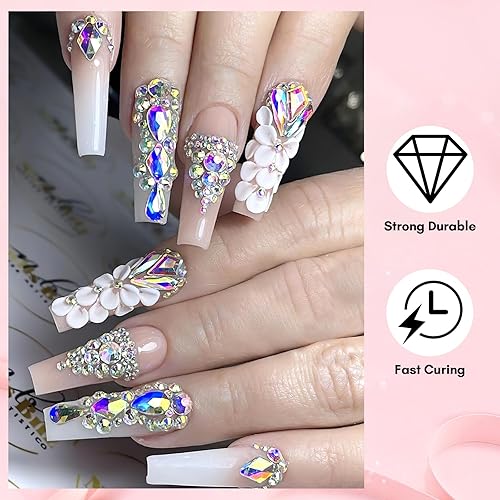 Miniatura 8 de Makartt Diamantes de imitación rosas para uñas con pegamento de uñas de gel para gemas del día de San Valentín, 0.5 onzas líquidas, pegamento