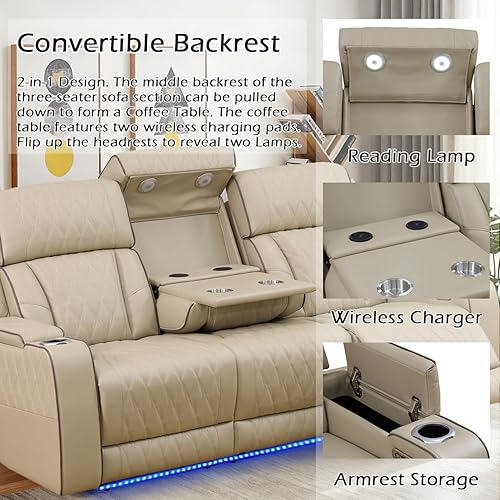 Miniatura 2 de Juego de sofá reclinable eléctrico para sala de estar, juego de sofá reclinable de cuero con luces LED, puertos USB, almacenamiento oculto, juego