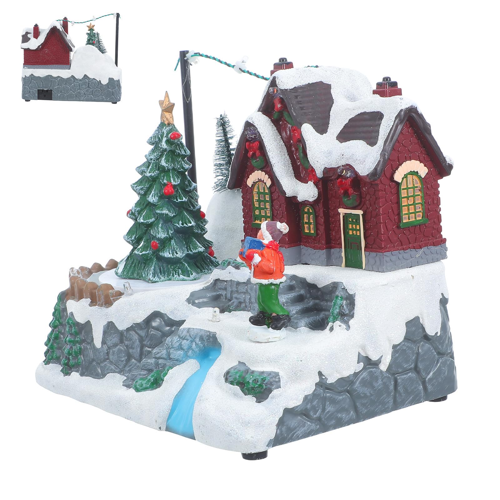 TOYANDONA Carillon Natalizio in Resina a Forma di Casetta Neve con Albero Rotante Luminoso Decorazione Vintage per Tavolo da Festa Invernale