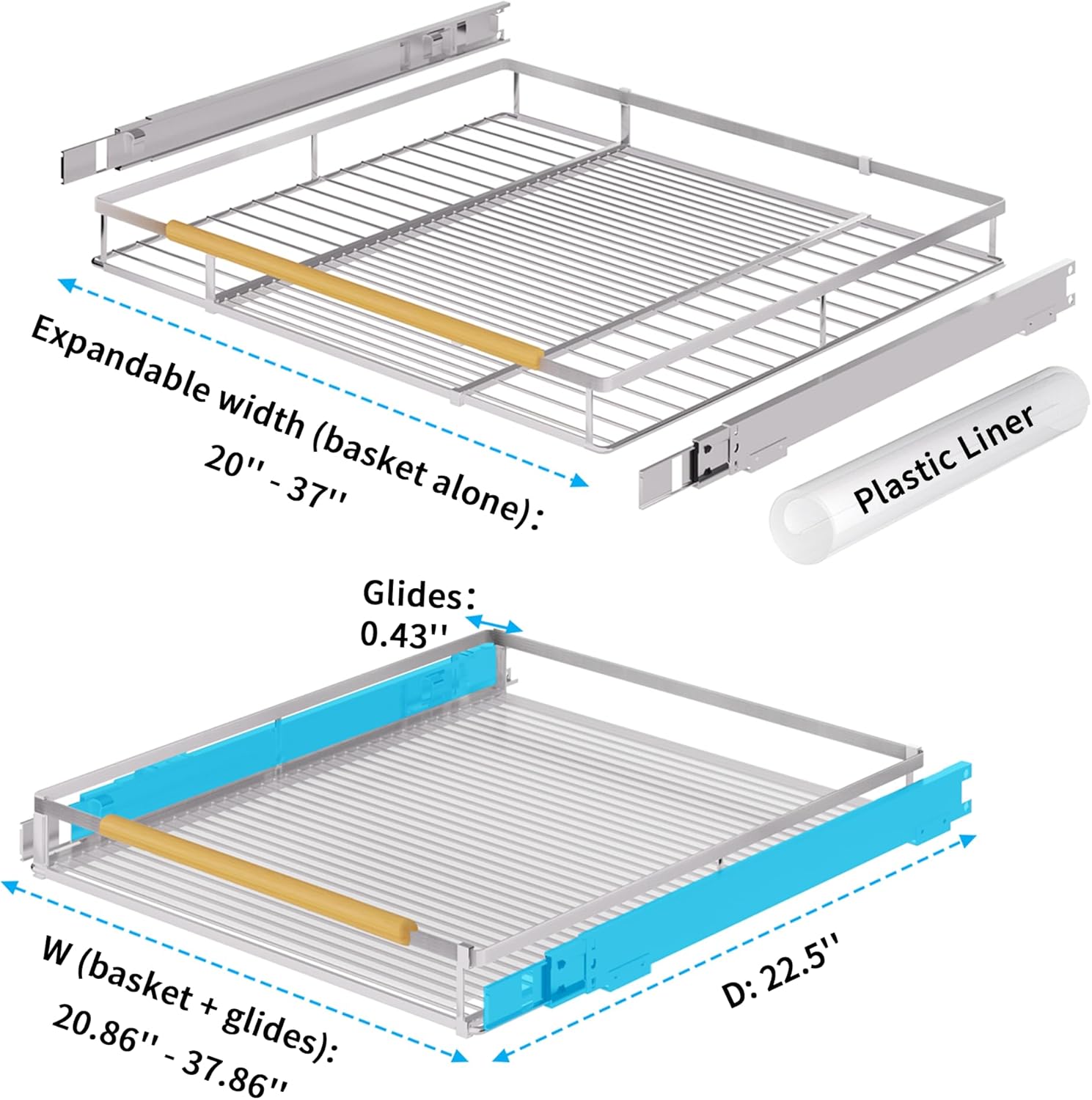 expandable pull out drawer cabinet organizer, adjustable width bottom-mounted slide out storage shelves for cabinets, required cabinet size (w: 20.86"~37.86", d?22.5"), 1 pack 1 xl - cabinet size (w: 20.86"~37.86", d?22.5")