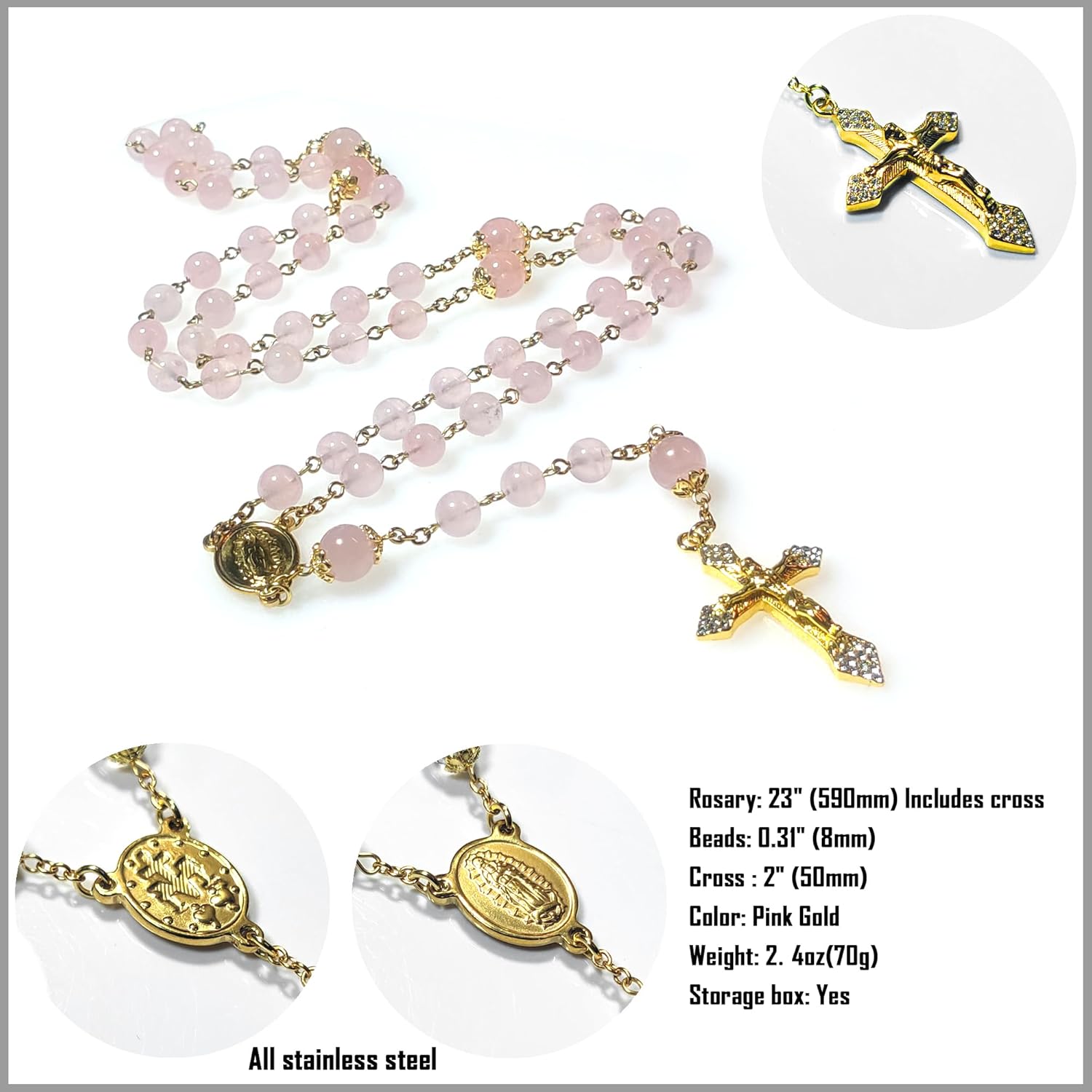 Rosary Beads Chaplet Premium Pink Natural Crystal Rosery Cross Catholic gifts - Image 4