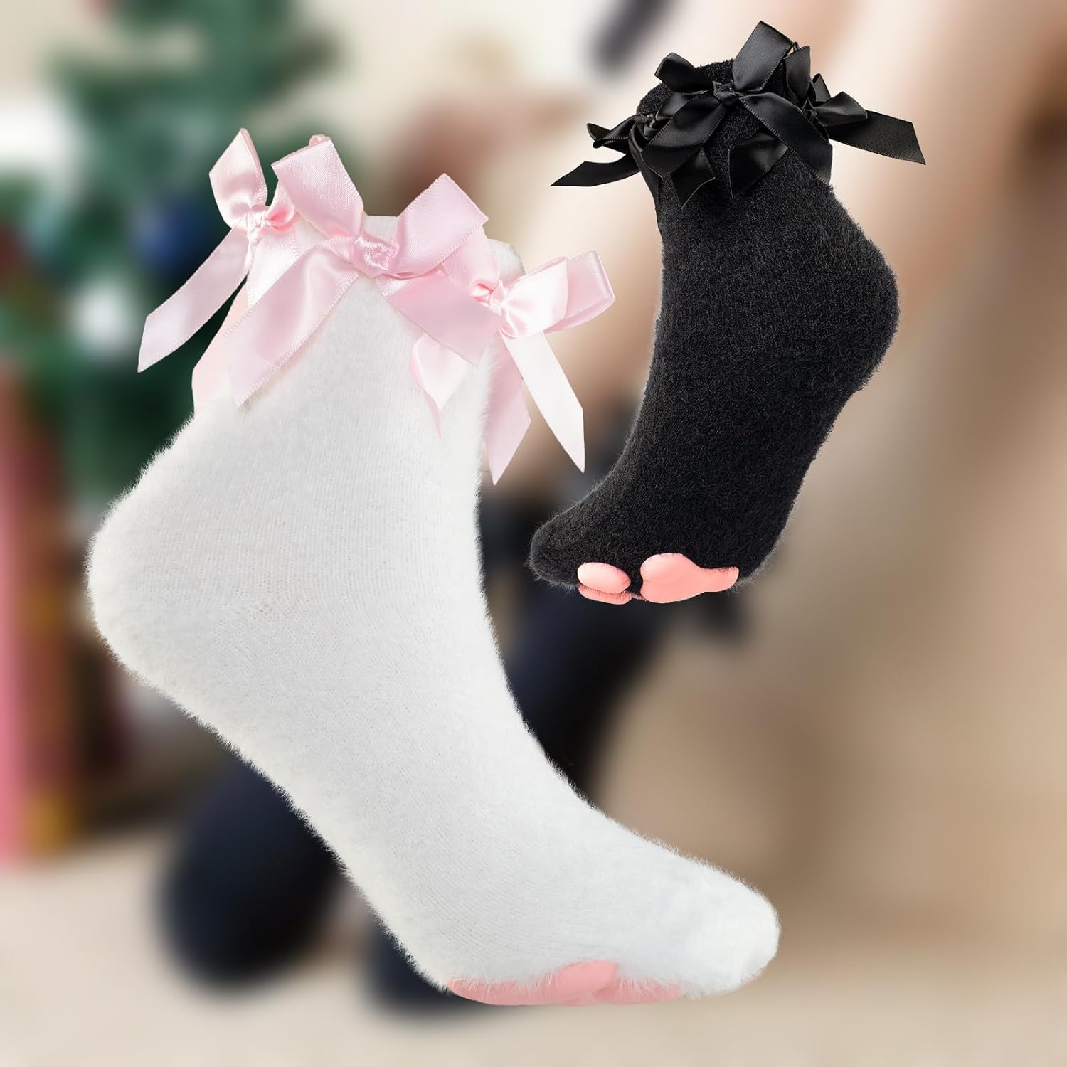 SIROLISA Fuzzy Short Cat Paw Socks, Soft 3D Paw Pad Toe Beans Stockings for Women - Image 5