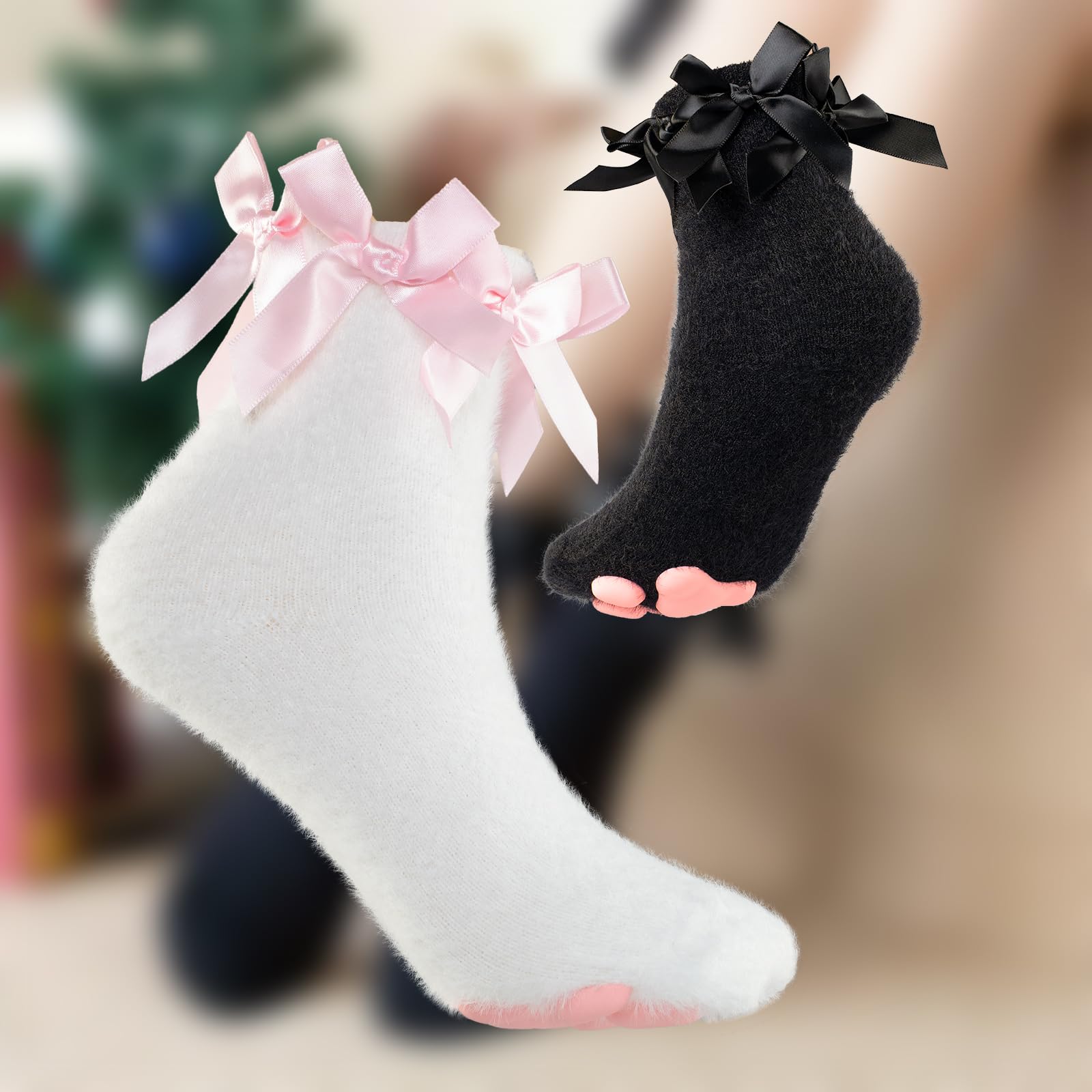 SIROLISA Fuzzy Short Cat Paw Socks, Soft 3D Paw Pad Toe Beans Stockings for Women: Black