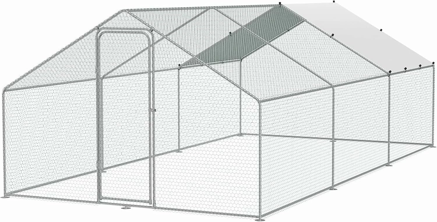 Grand Enclos Poulailler Extérieur 18 m² en Acier Galvanisé avec Bâche PE Résistante et Porte Verrouillable – Parc Grillagé pour Poules, Canards, Oies et Petits Animaux – 6 x 3 x 2 m