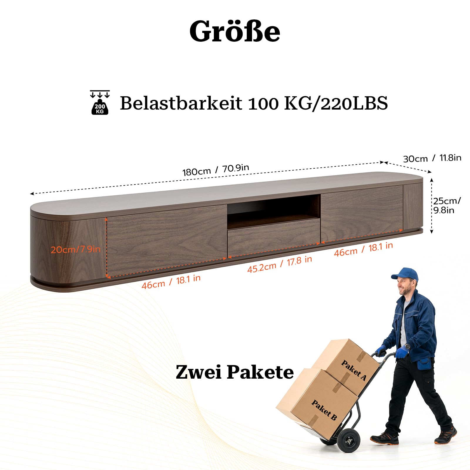 IKIFLY Moderner Schwebender TV-Schrank, Wandmontiertes Unterhaltungsmöbel Mit Schubladen und Zwei Schränken, Walnuss,180cm