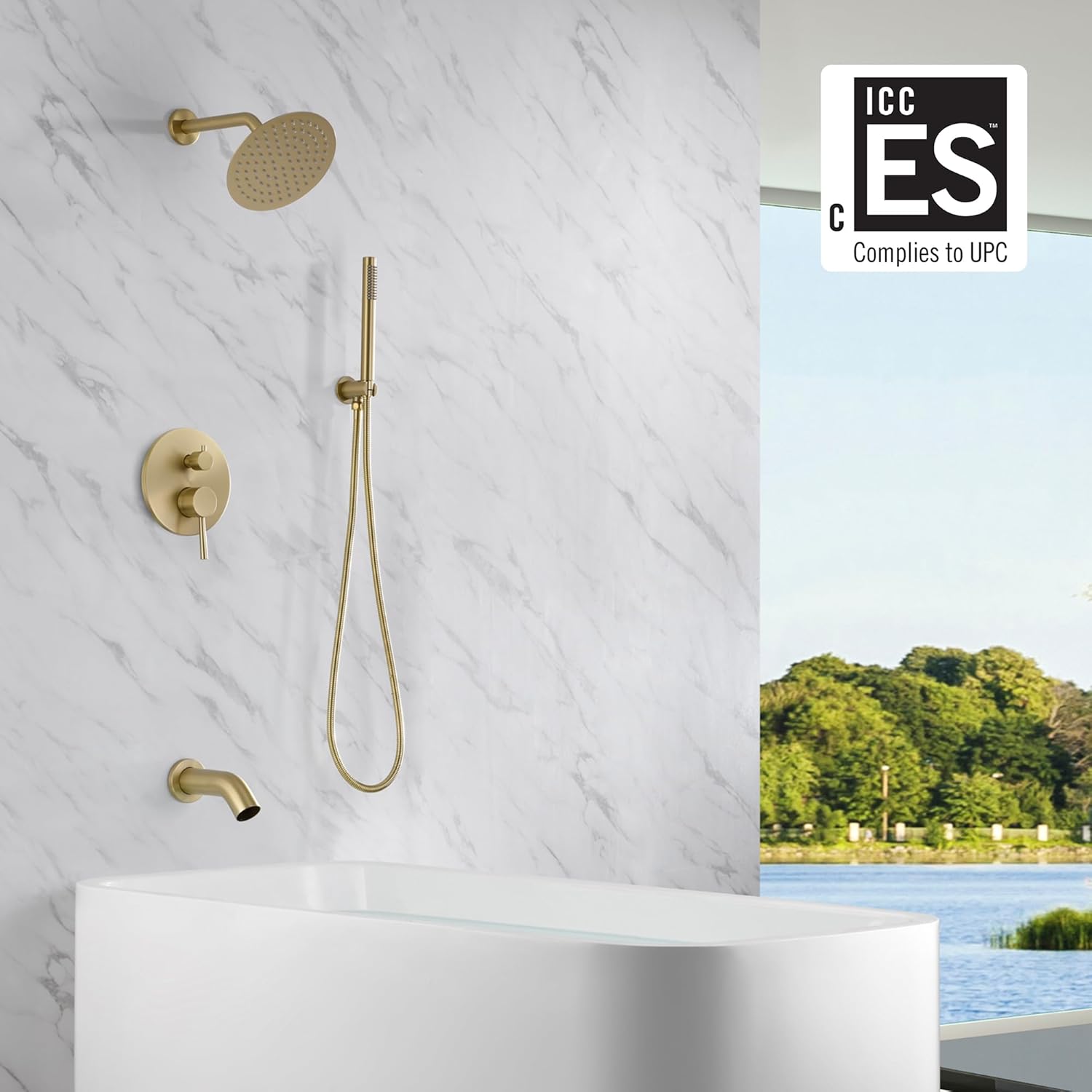 SUMERAIN Shower System with Tub Spout and Handheld Shower, Brass Rain Shower Tub Set with 8 Inches Shower Head and Rough in Valve Brushed Gold - Image 2