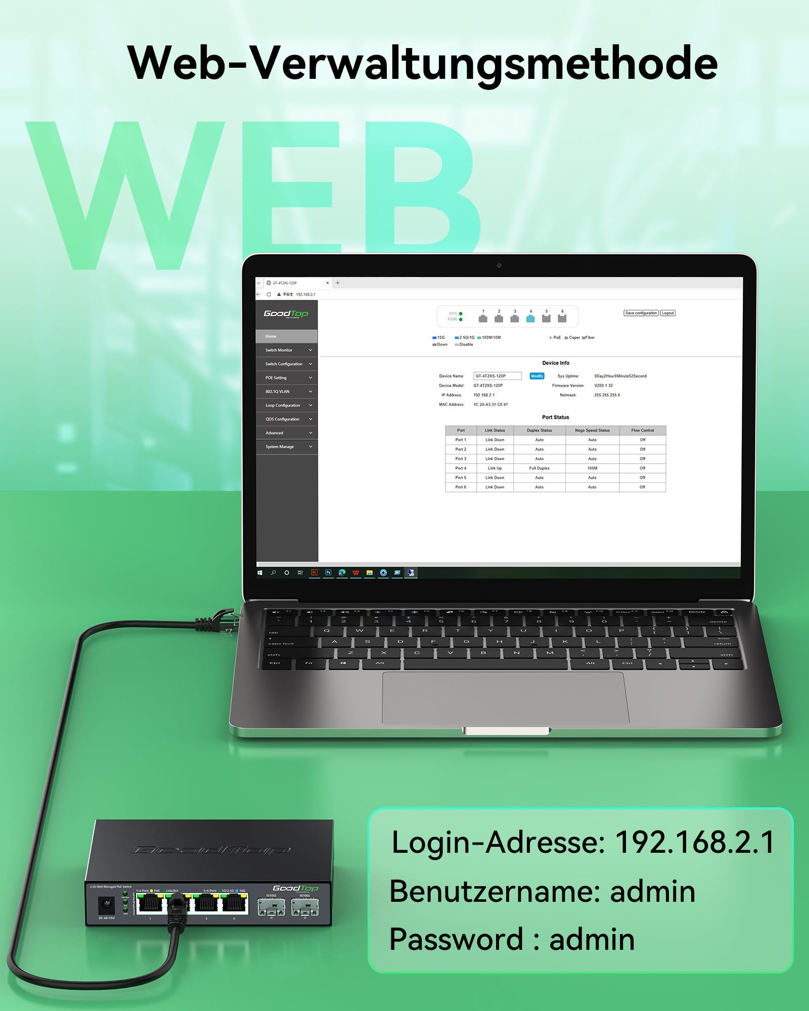 2.5 Gbit Managed PoE++ Switch 6-Port: 4 x 90W PoE 2 x 10G SFP+, 105W Budget | IEEE 802.3bt | 4x 2,5G PoE++ & 2x 10G SFP+ | VLAN/LAG/QoS/DHCP | Lüfterlos | Metallgehäuse | Für Wi-Fi 7 APs, Kamera