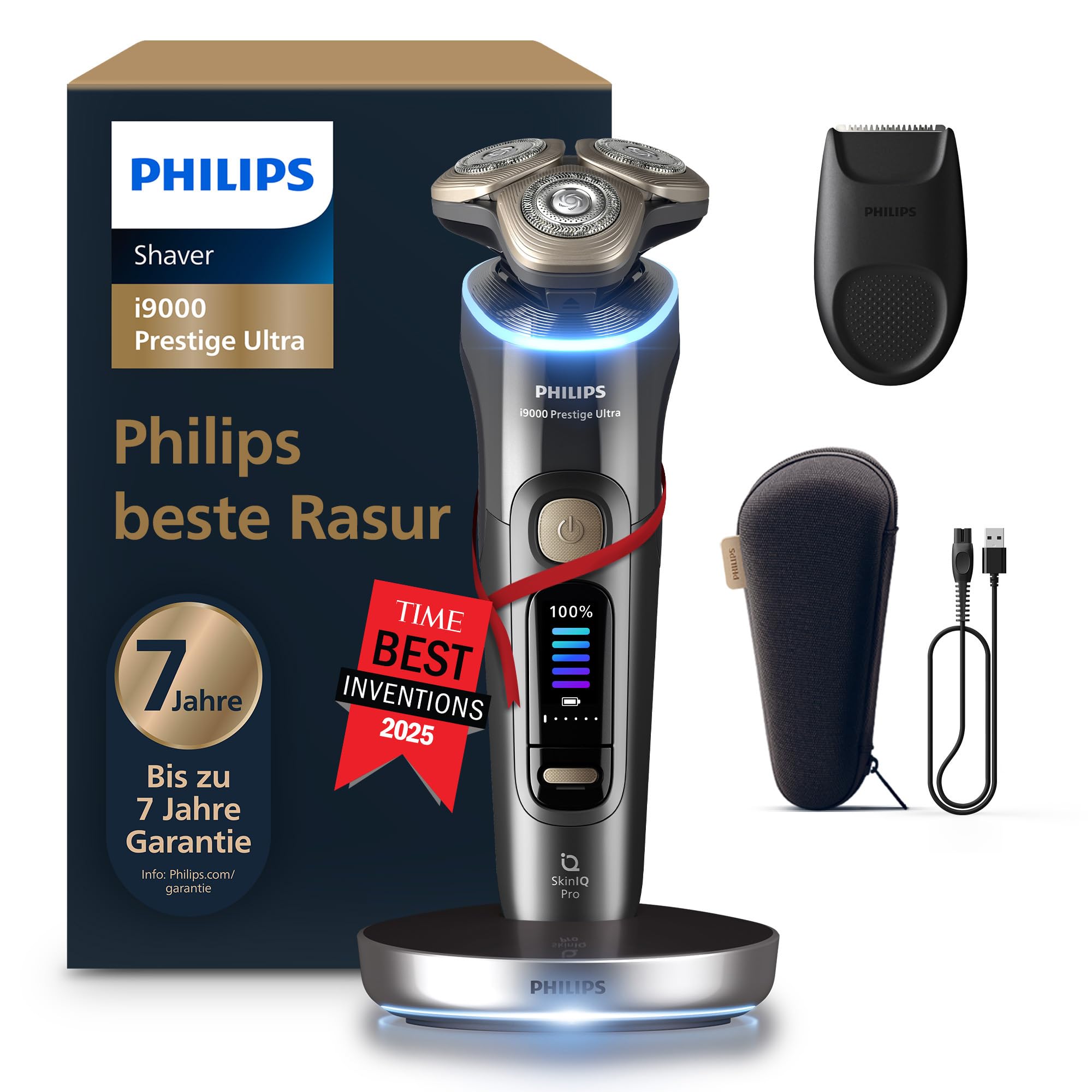 Philips Rasierer i9000 Prestige Ultra, elektrischer Nass- und Trockenrasierer für Herren, dunkelgrau, Druck- und Bewegungssensor, Trimmeraufsatz, Ladestation und Reiseetui (Modell XP9402/11)