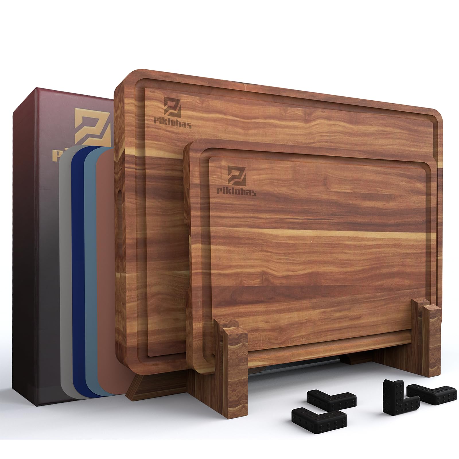 Piklohas acacia wood cutting board set with stand