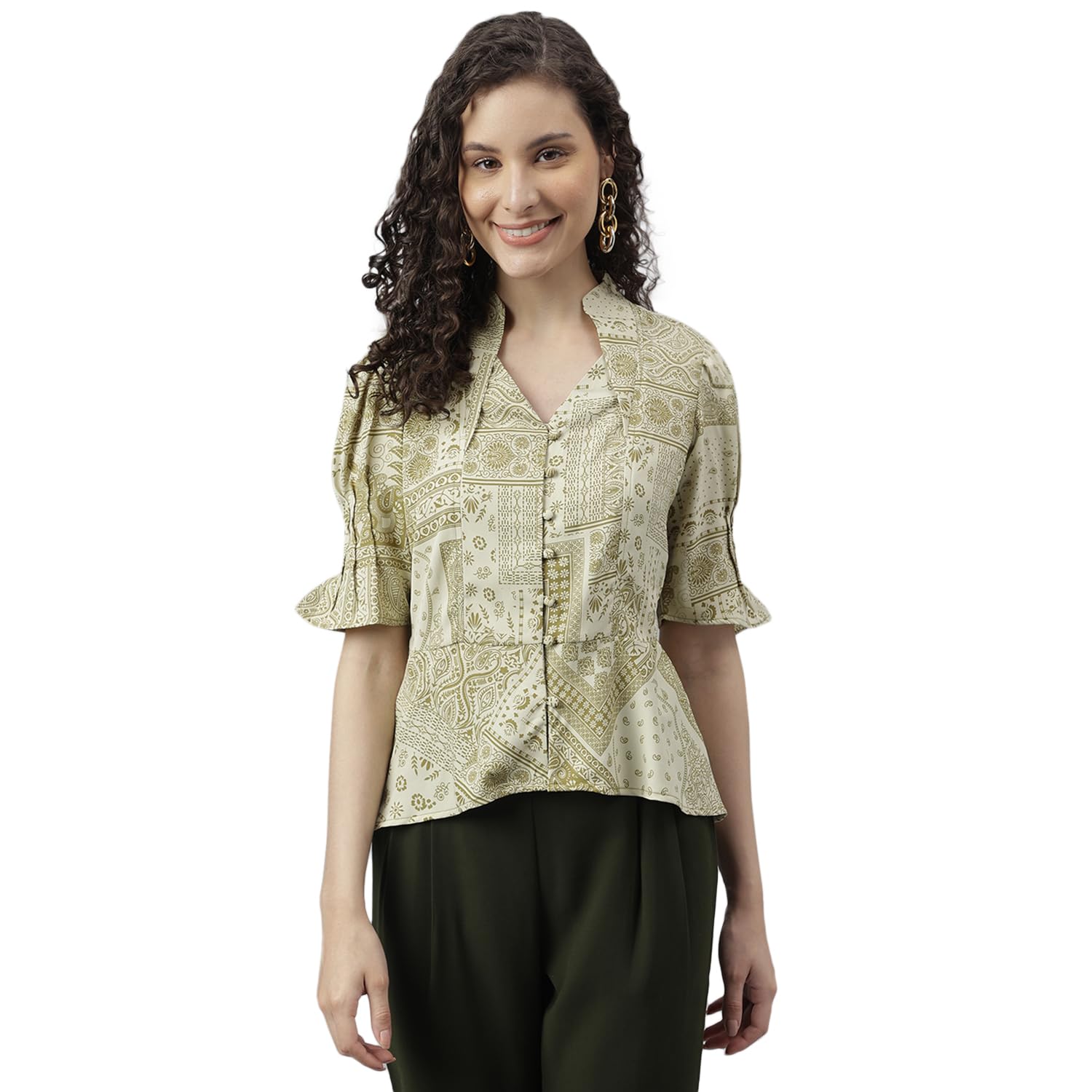 Latin Quarters Women's Green V-Neck Half Sleeve Printed Crop Top-picture-11