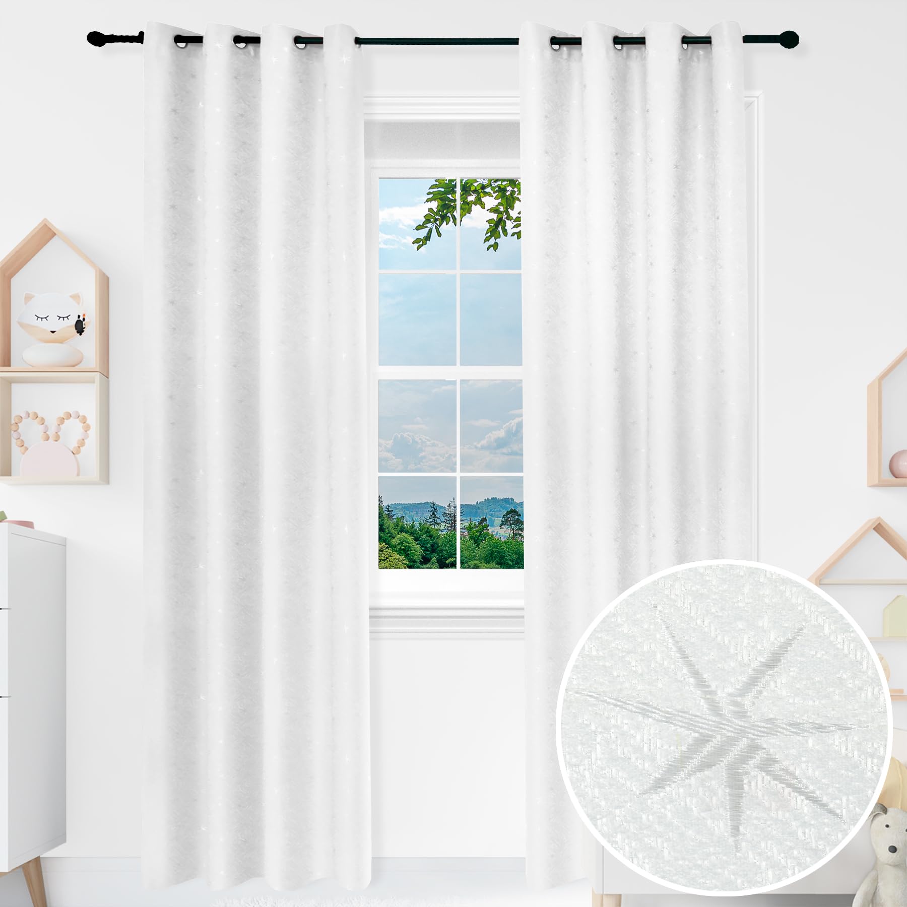 BOD HOME 2 Piezas Cortina Infantil Opaca para Habitación de Niñas, 140 x 260cm Ancho x Alto, Cortina Dormitorio Infantil con Diseño Estrellas Blancas Bordadas, Material 100% Poliéster