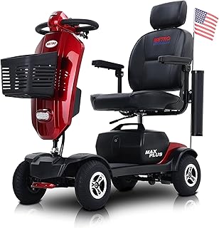 Electric Powered Mobility Scooter for Seniors & Adults-300 lbs Max Weight,Electromagnetic Braking,Pneumatic Tires,Foldable,with Crutch Box (Red (MAX Plus))