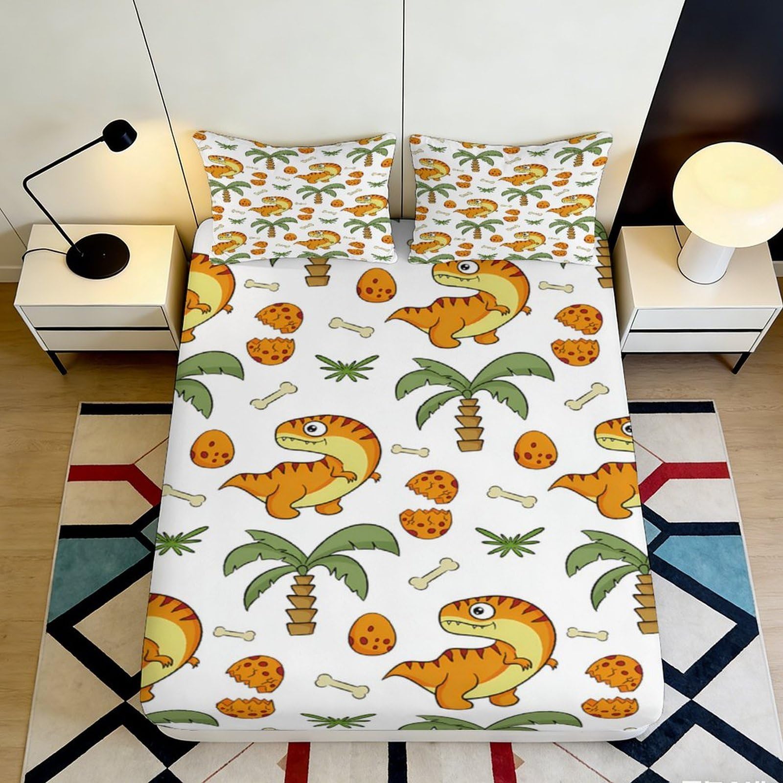 3D Printed Dinosaur Jungle Fitted Sheet Microfiber Orange Cartoon Egg Mattress Cover for Bedroom Dorm Mattress Protection Decor 140x200x25cm