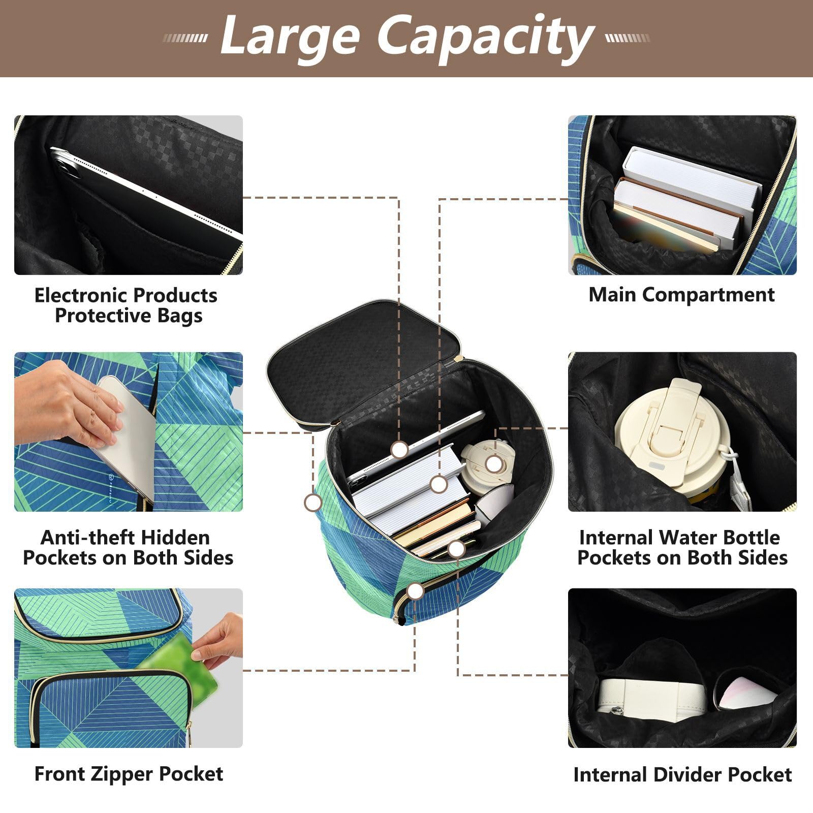 Zaino da donna, 15 l, alla moda, morbido, leggero, adatto a tutti gli abbinamenti | Robusto tessuto trapuntato convertibile silhouette multi tasche con cerniera per donne viaggi shopping sport