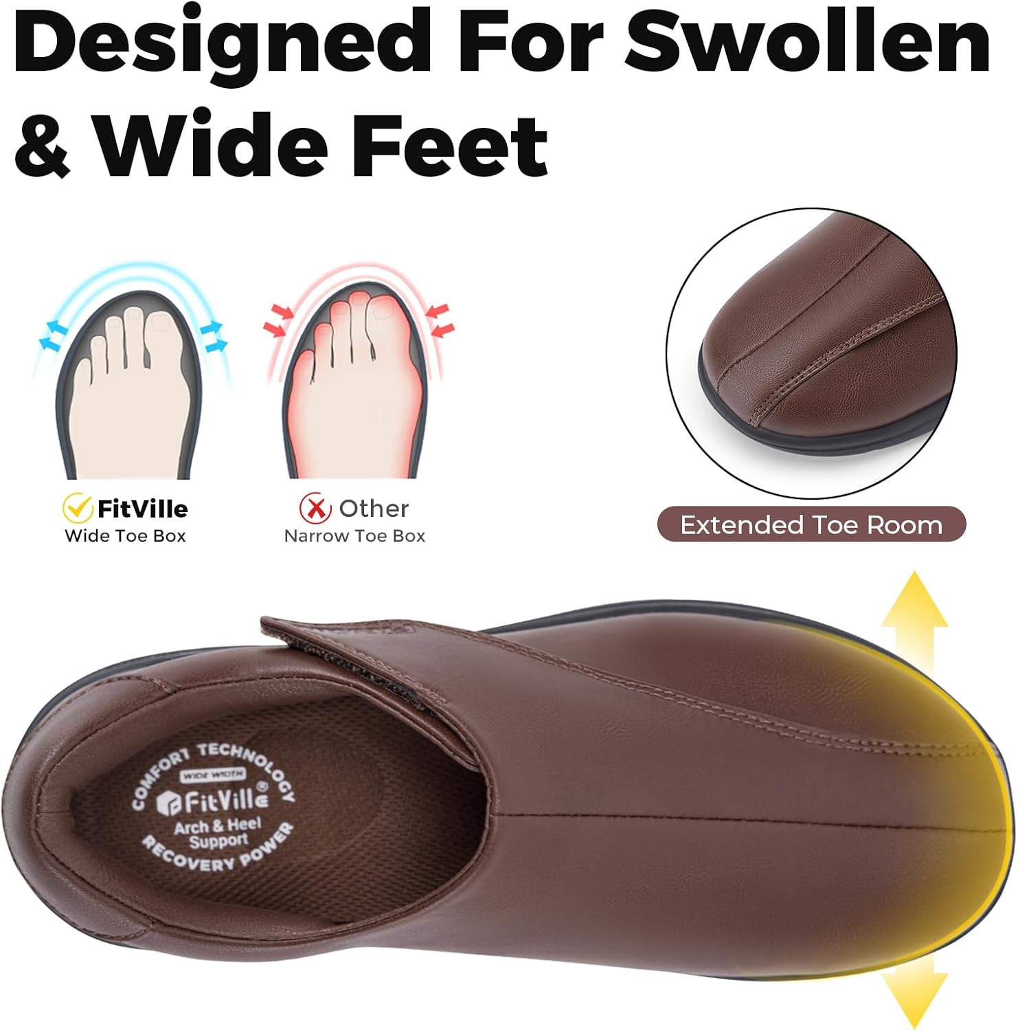 FitVille Diabetic Shoes for Women Wide Slip On Classic Oxford Shoes Business Formal Dress Shoes PU Leather Loafers Sneakers - Image 2