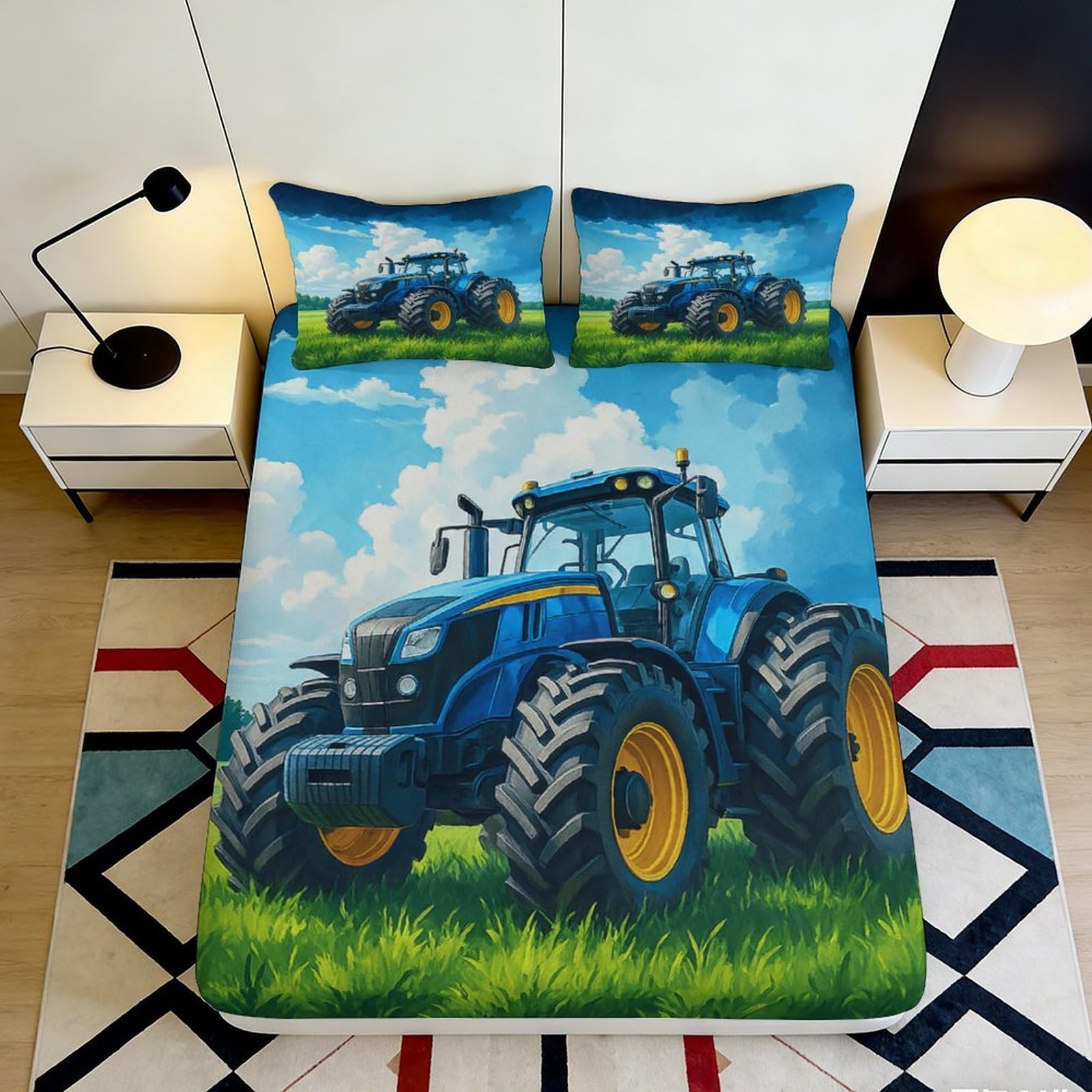 3D Printed Blue Tractor Fitted Sheet Microfiber Anti-Slip Farm Scene Mattress Cover for Bedroom Dorm Easy Care Decor 90x200x25cm