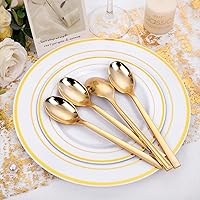 Vista 8 de DaYammi 100 cucharas de plástico doradas, cubiertos desechables, cubiertos de plástico resistentes, desechables, vajilla perfecta para cenas