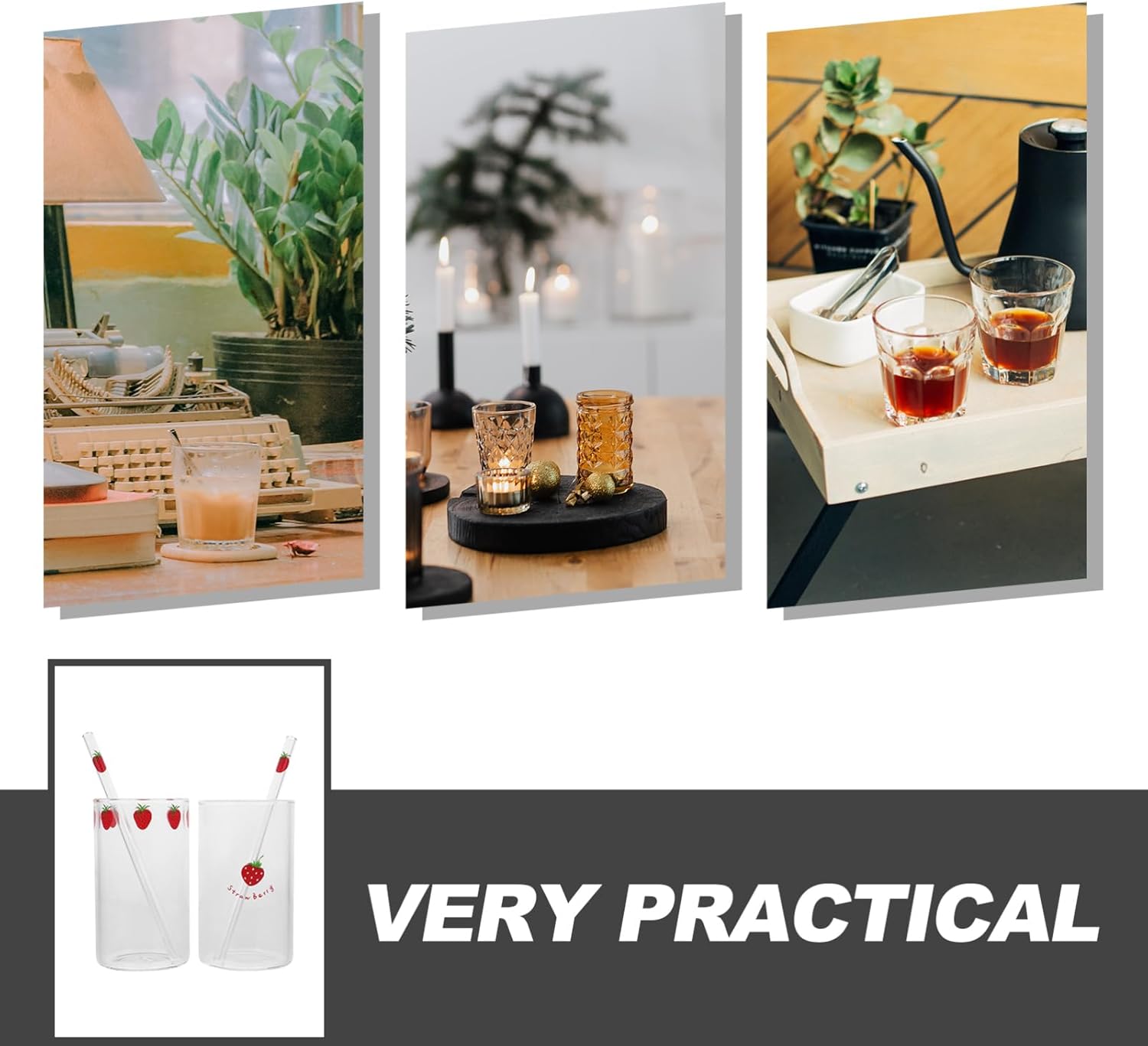 Strawberry Glass Cups 10Oz with Straw Set of 2 Cute Strawberry Pattern Tumblers for Juice Milk Tea Coffee Home Party Use - Image 4