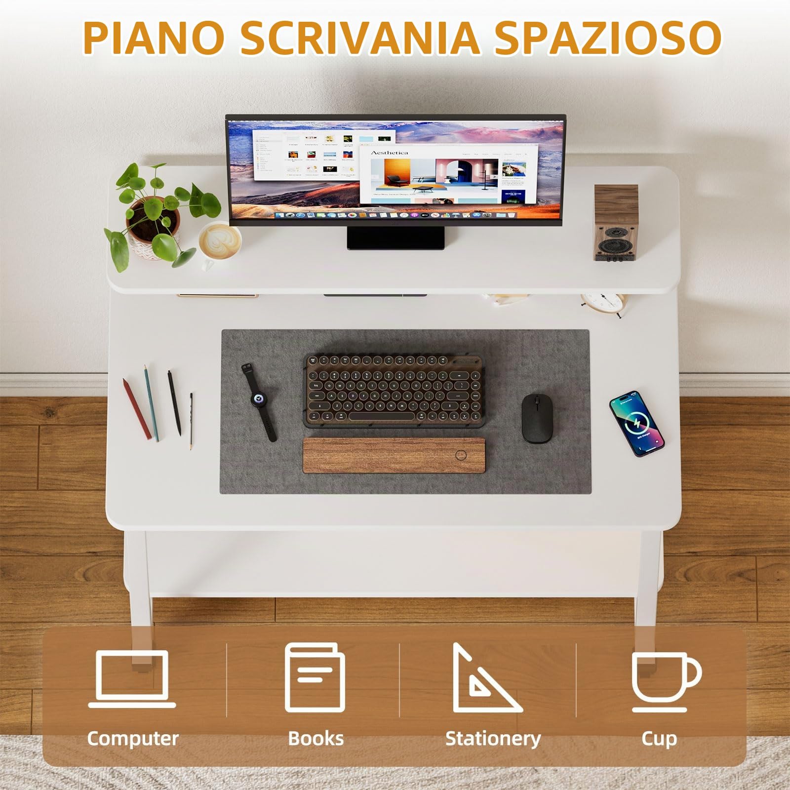 Scrivania per Computer con 4 Ruote Tavolo Porta PC Con spazio di archiviazione Scrivania per Computer Scrivania Ufficio Portatile Facile da Montare per Casa Ufficio Studio 80x50x90CM (Bianco)
